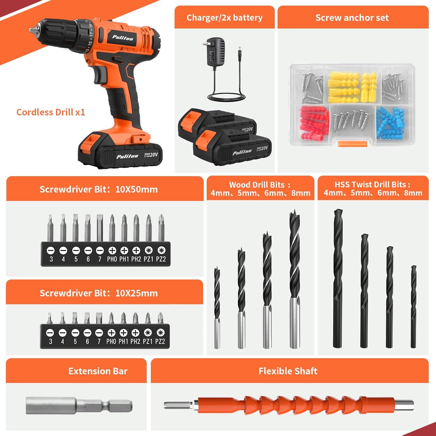 Thumbnail 1 de PULITUO 20V Cordless Drill/Driver, 30 Nm, 21+1 Torque Settings, 3/8-inch Chuck