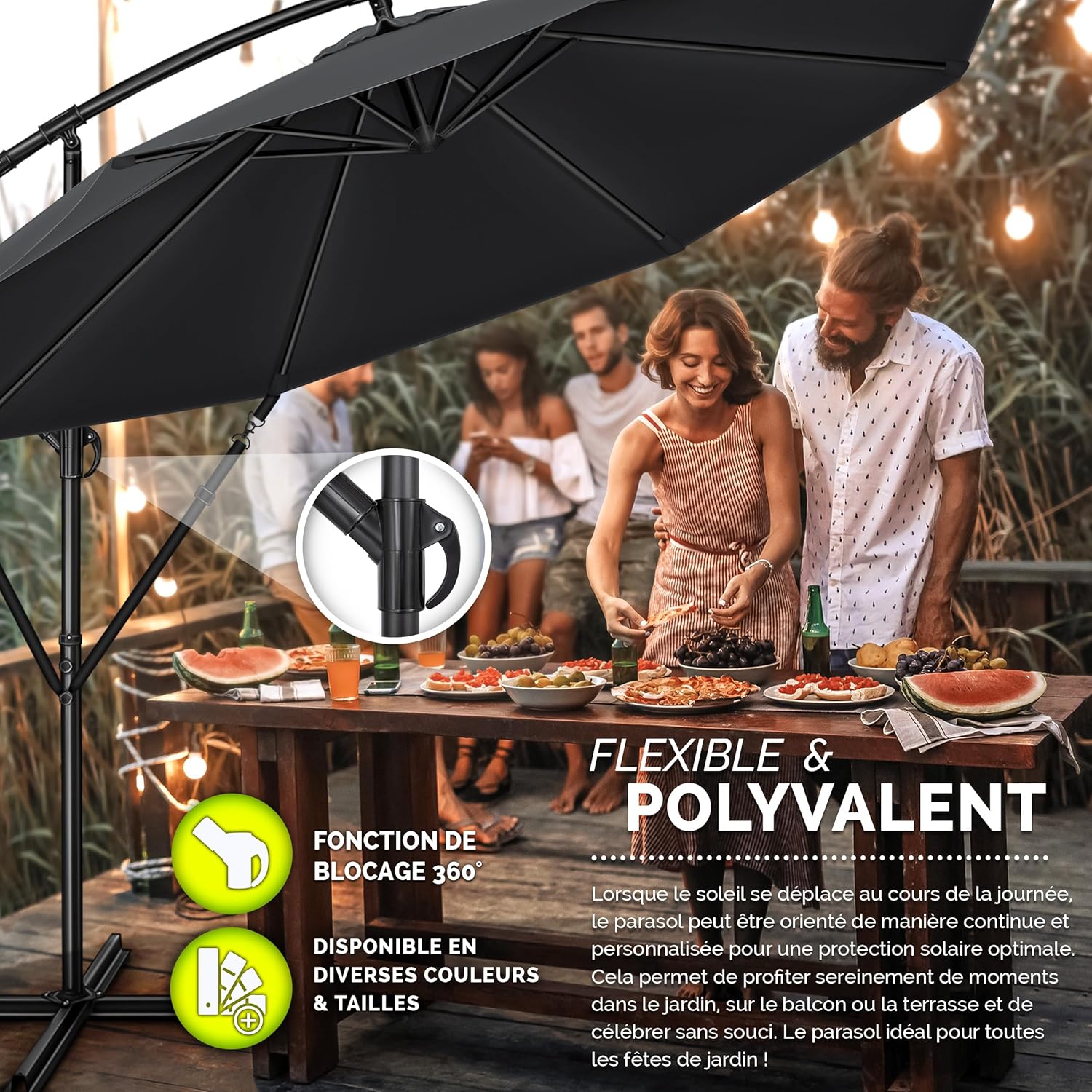 Thumbnail 5 de Tillvex Parasol déporté hexagonal 3 m avec manivelle et pied robuste – protection UV et déperlance