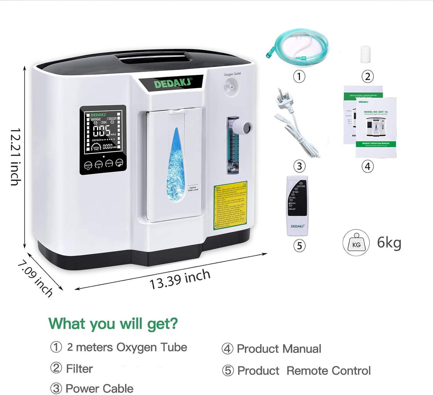 Detalle 1 de DEDAKJ Oxygen Machine (1–7l/min) with accumulated time adjustment and wireless remote control