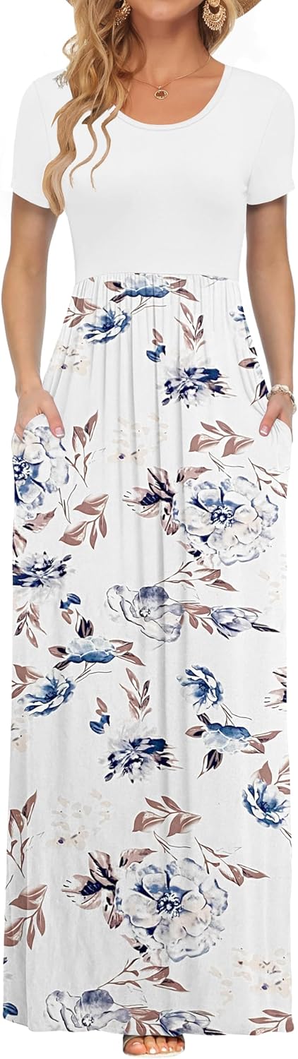 Detalle de AUSELILY Damen Kurzarm Sommer Casual Long Maxi Kleid mit Taschen – Vielfältig einsetzbar