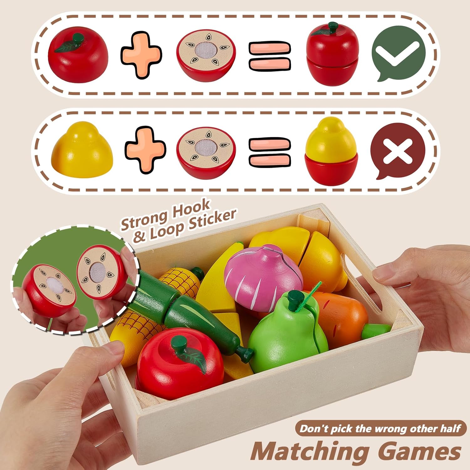 Detalle de HERSITY Holzspielzeug Obst & Gemüse zum Schneiden mit Aufbewahrungskoffer – Lern- und Rollenspielküche für Kinder ab 3