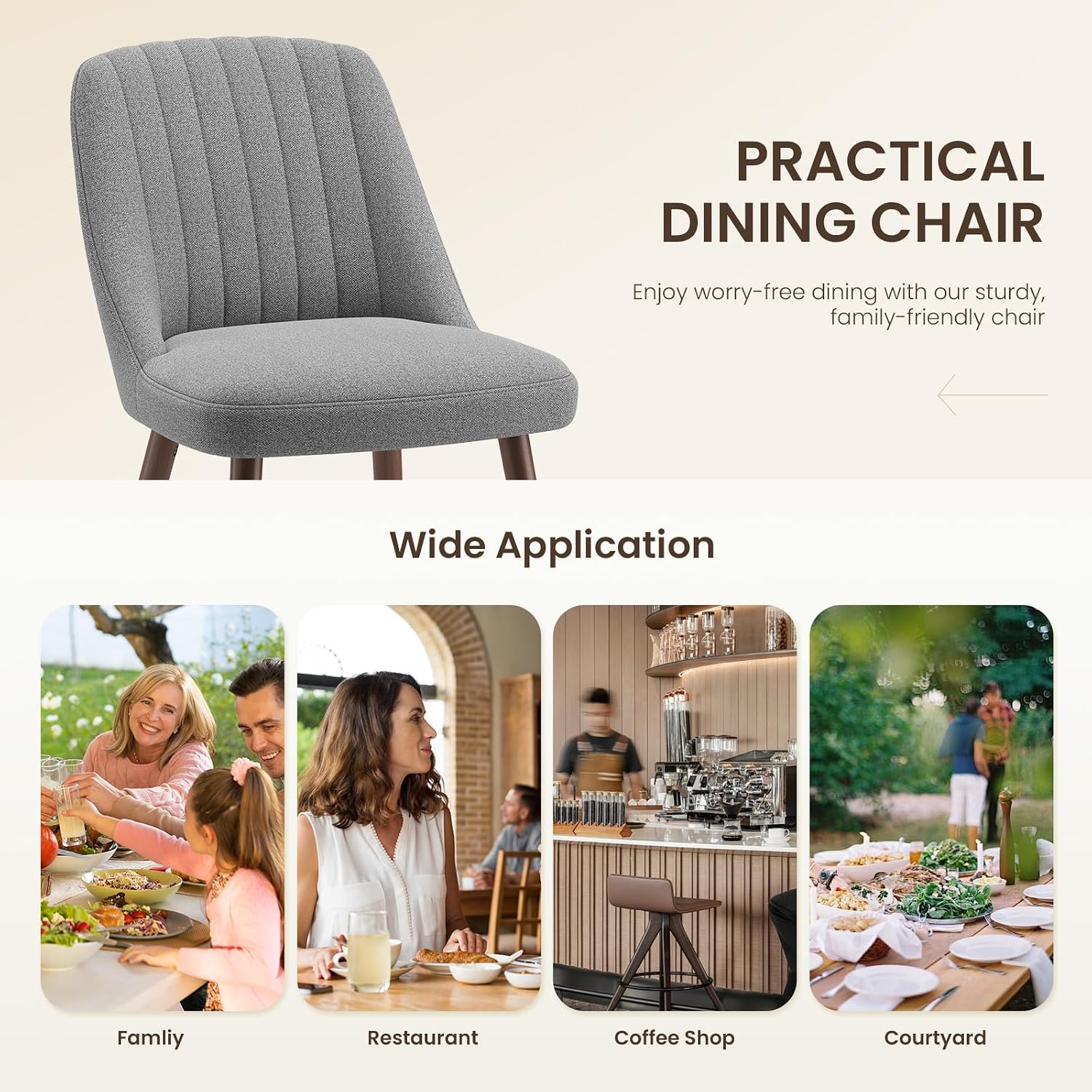 Detalle de MALOL VC-DCW21-GY-FB Dining Chairs, Grey Fabric, Set of 2