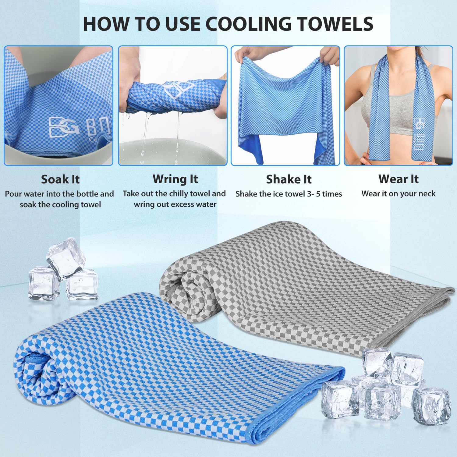 Detalle de BOGI 2 Pack Cooling Towel (100x30 cm) – Soft Bamboo Fibre, Instant Chill for Neck & Body