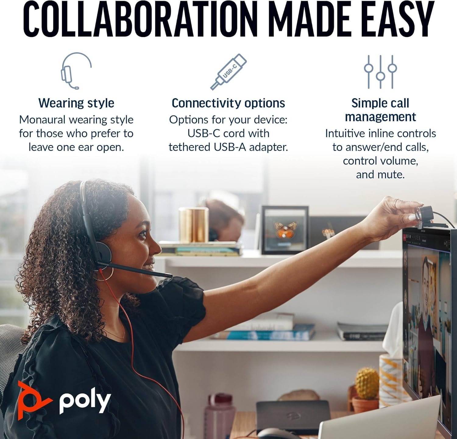 Thumbnail 3 de Poly Blackwire 3210 cuffie monoaurali cablate con USB-A/USB-C, riduzione rumore ed eco e comandi sul cavo (nero)