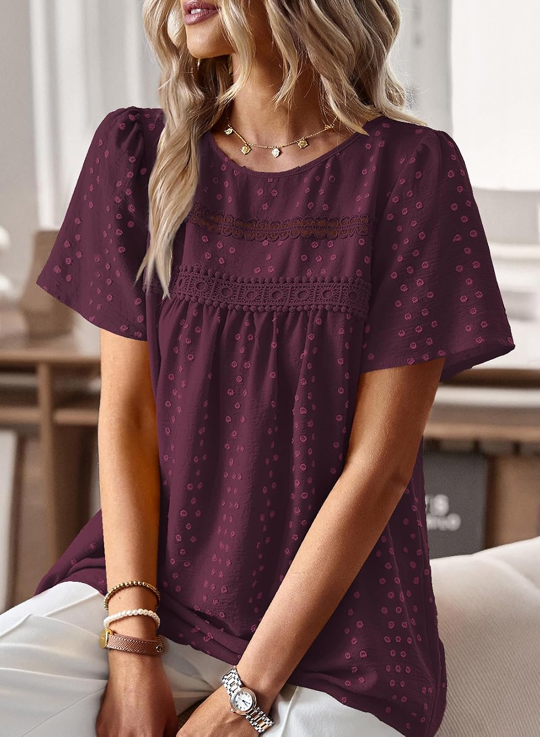 Detalle de Falechay Boho Tops for Women Swiss-Dot Babydoll Blouse, Short Sleeve