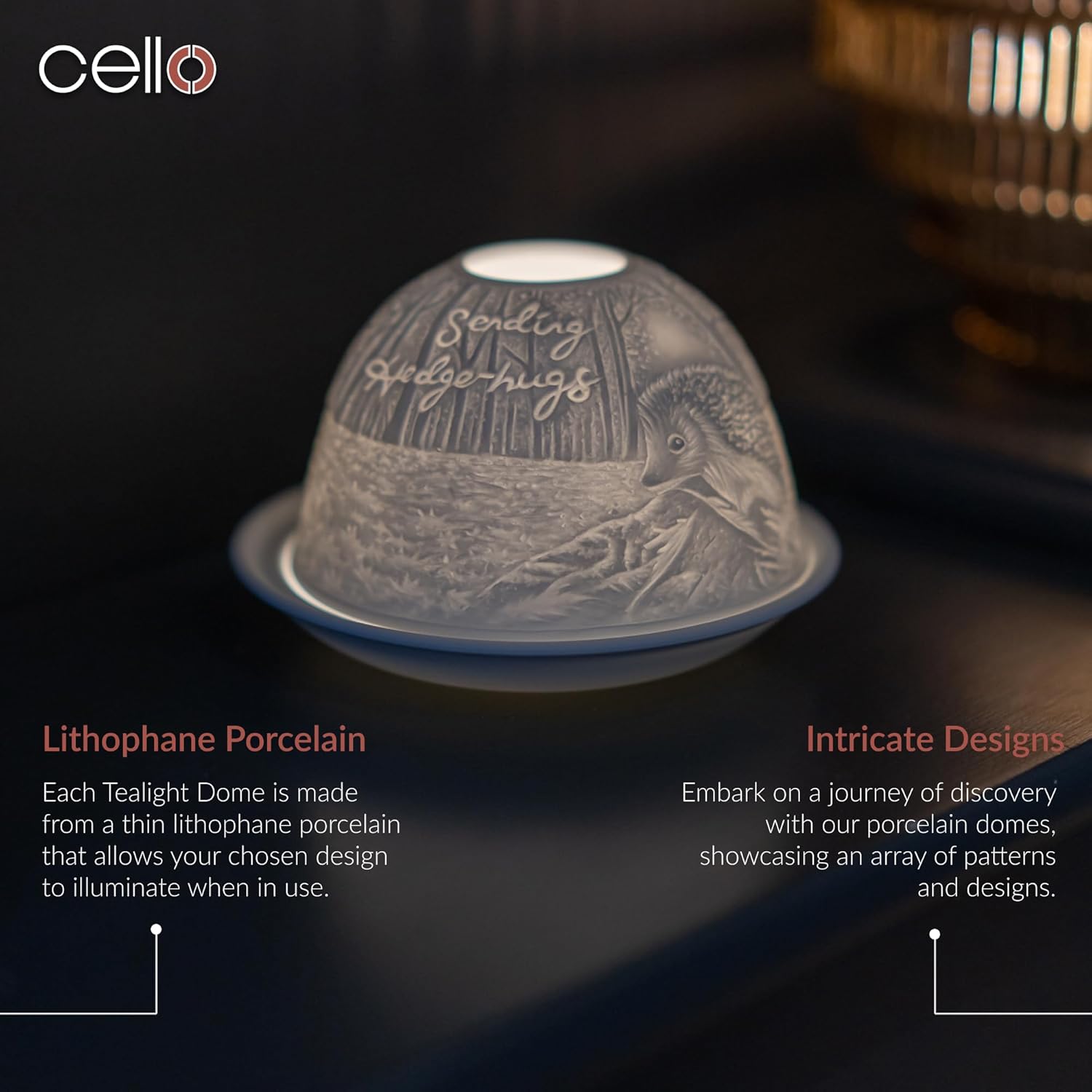 Thumbnail 1 de Cello Porcelain Tealight Holder Dome (Hedgehogs) with 3D Lithophane Projection & “Sending Hedge-Hugs” message