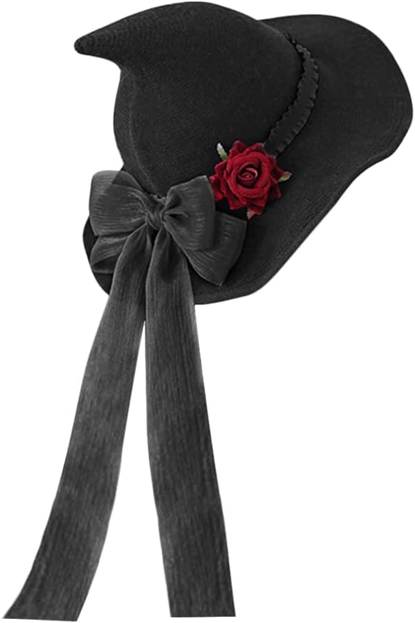 Detalle 2 de HKSICHENGKEJIUK Halloween Witch Hat with Rose Bow – Women Wide Brim Costume Accessory