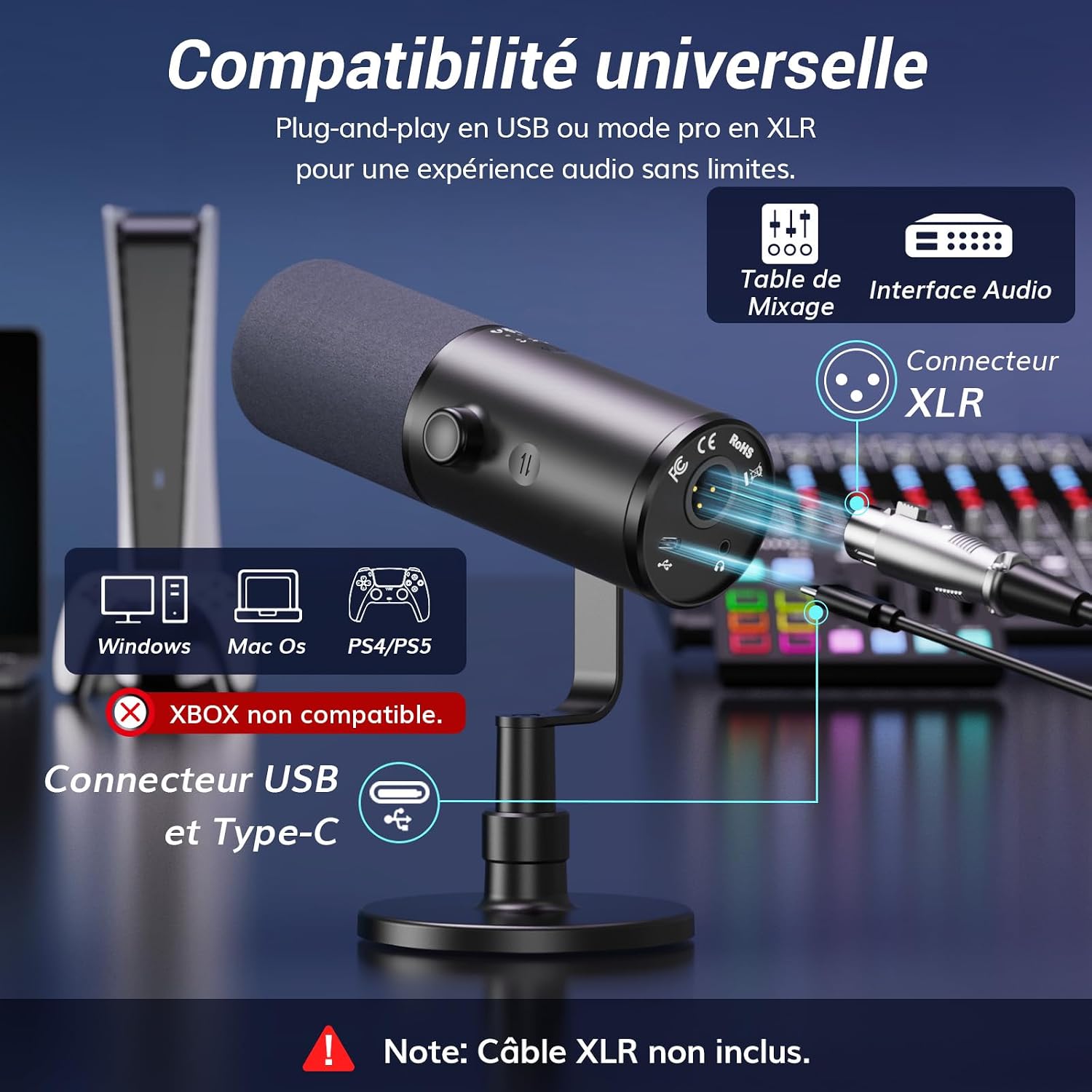 Thumbnail 4 de TONOR TD510 Air dynamische podcastmicrofoon met USB/XLR en AI-ruisonderdrukking