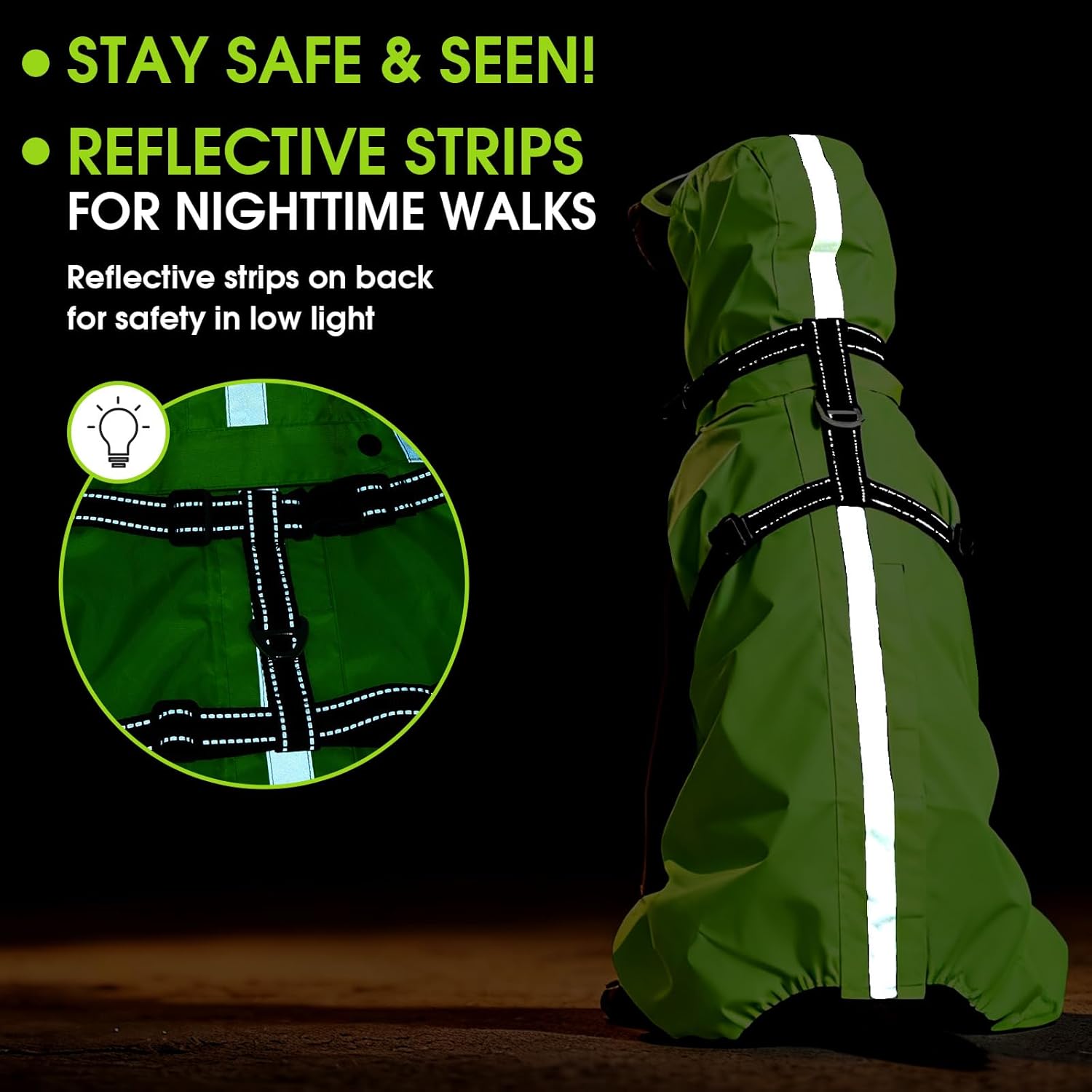 Thumbnail 3 de OUOBOB Waterproof Dog Raincoat with Reflective Strips, H-Harness & Detachable Hood (Neon Green, Size 3XL)