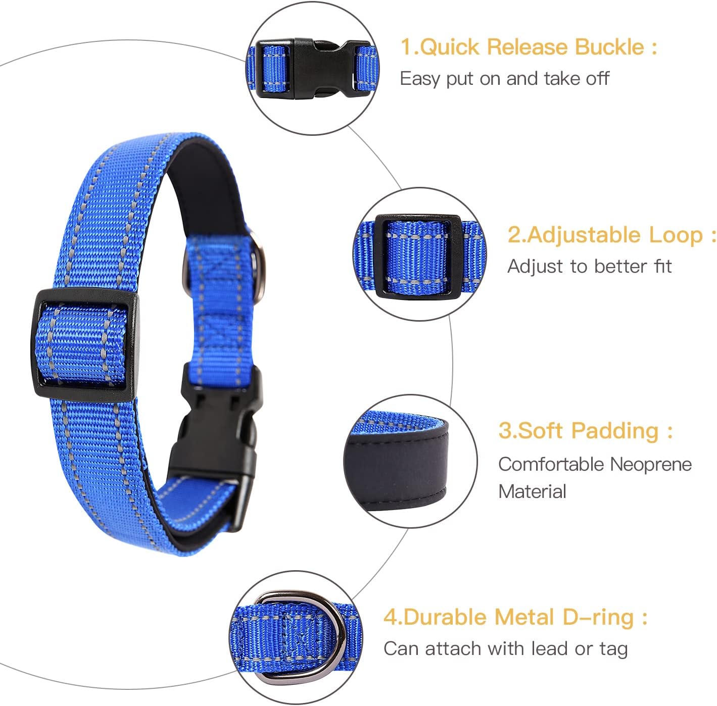 Detalle de HEELE Hundehalsband aus Nylon mit reflektierenden Band, Neopren gepolstert – Königsblau, Größe M (34–52 cm)