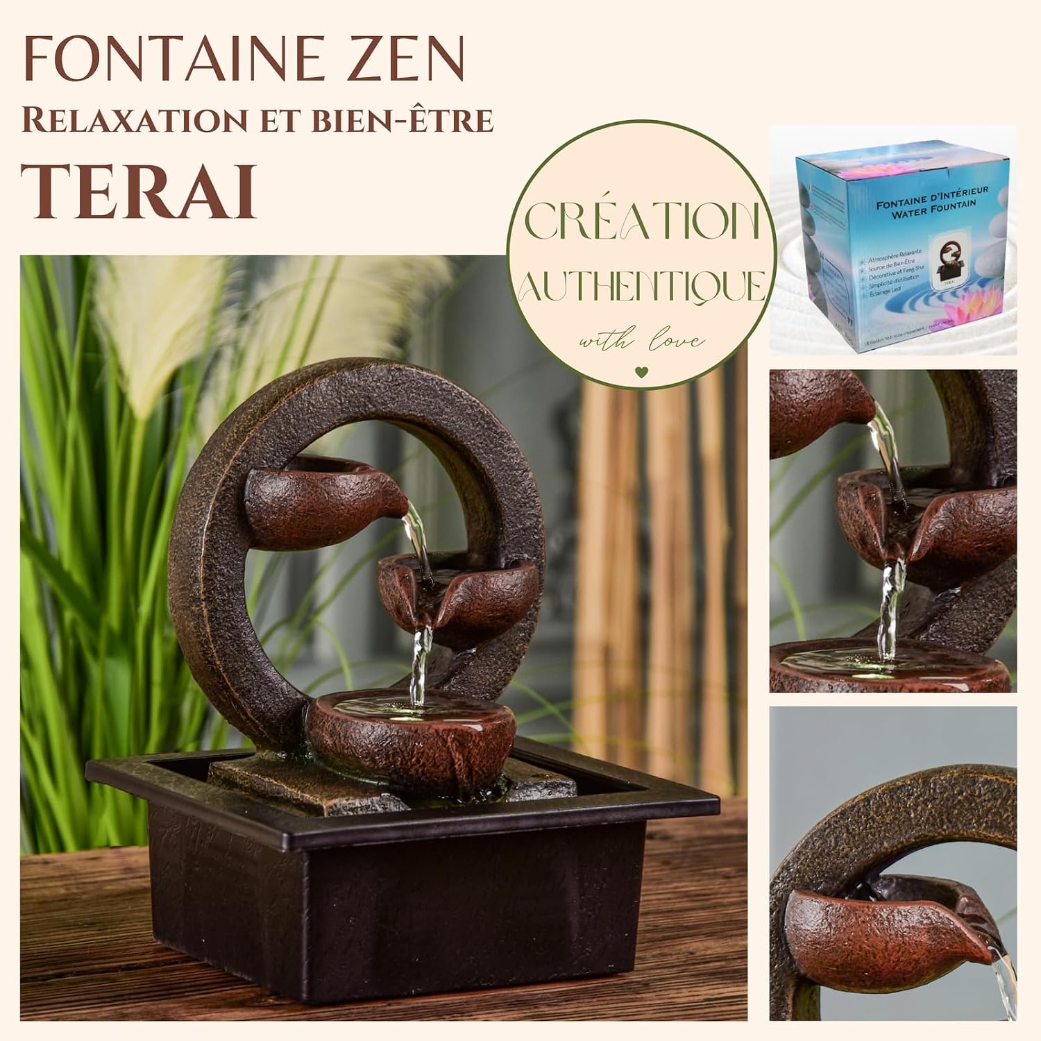 Detalle de Zen'Light Zen Terai – fontanna dekoracyjna z oświetleniem LED, żywica, 25 cm