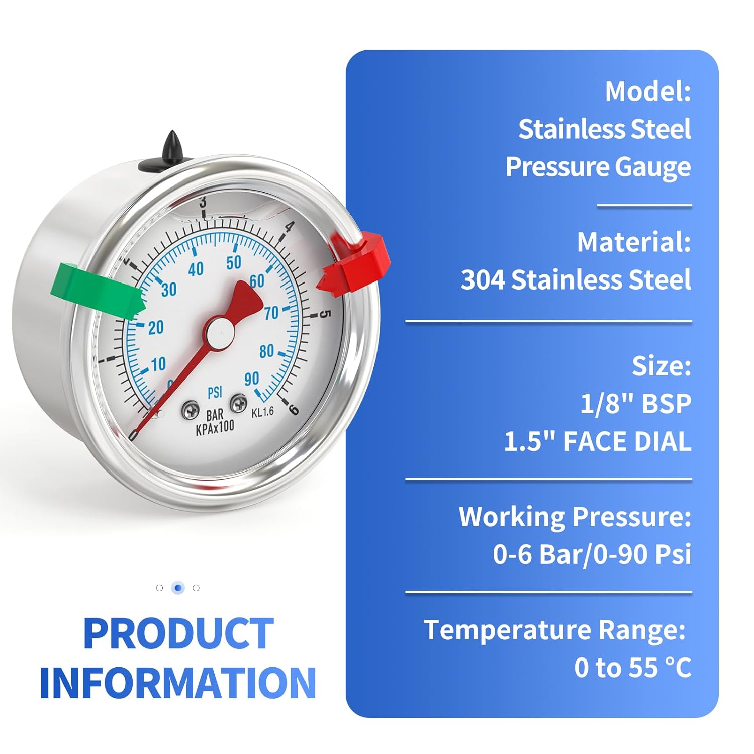 Detalle de ERGAOBOY 0–6 Bar / 0–90 psi Liquid-Filled Stainless Steel Pressure Gauge (1/8" BSP, 1.5" dial)
