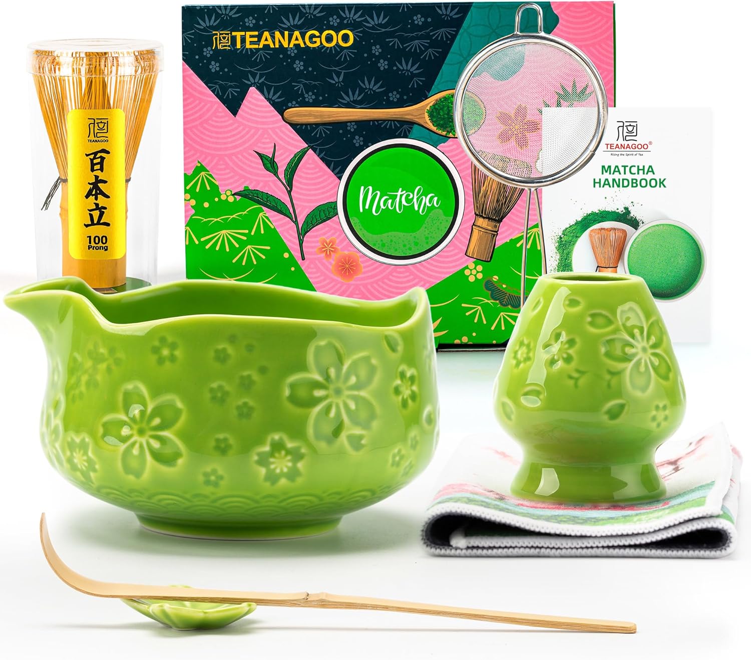 Detalle de TEANAGOO 7-teiliges Matcha-Set Grün – Keramik-Chawan, Ausgießer & Bambus-Zubehör