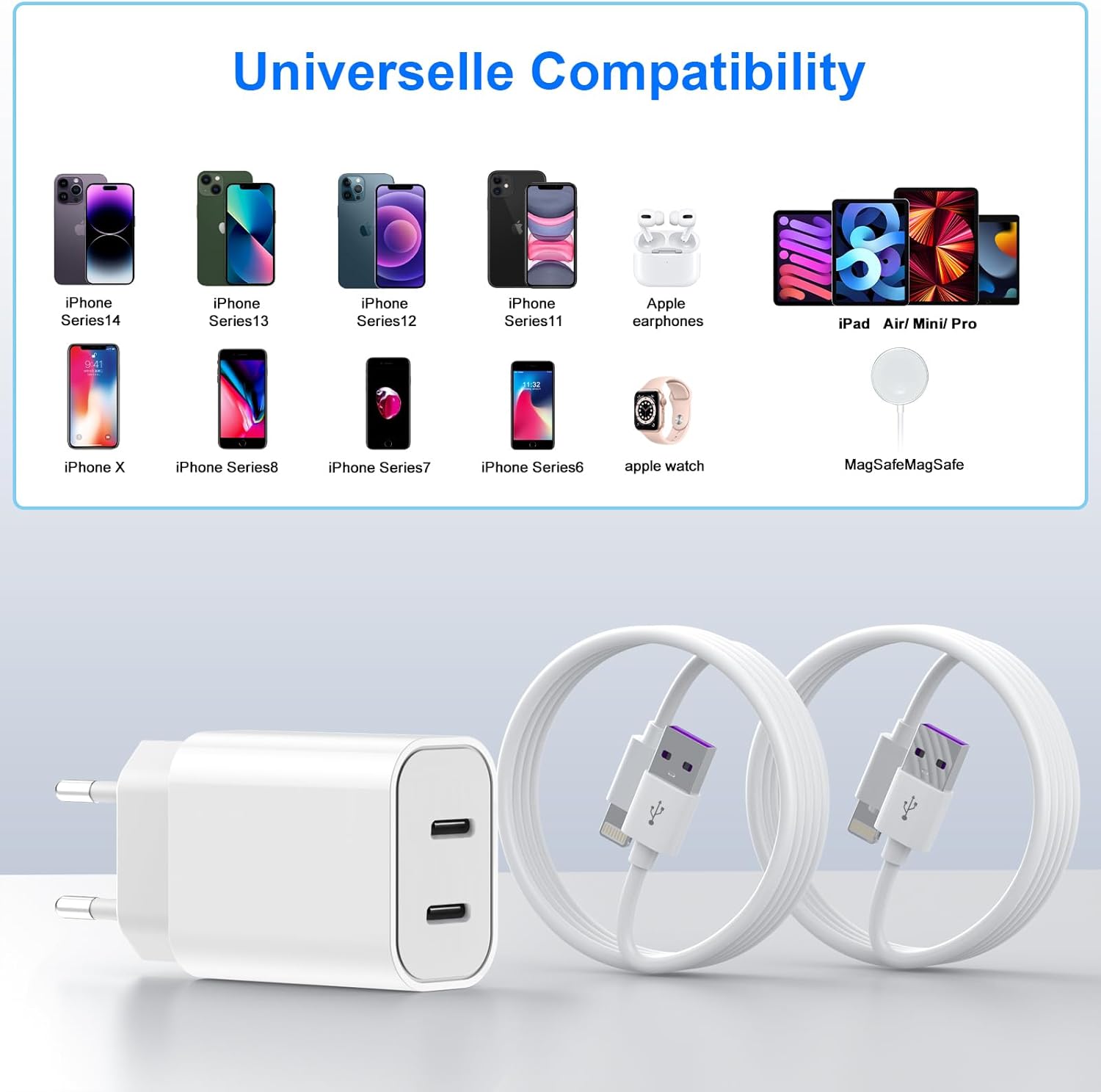 Thumbnail 1 de Chargeur rapide iPhone 20W USB‑C avec 2 câbles Lightning de 2 m et Adaptateur Secteur USBC Universel