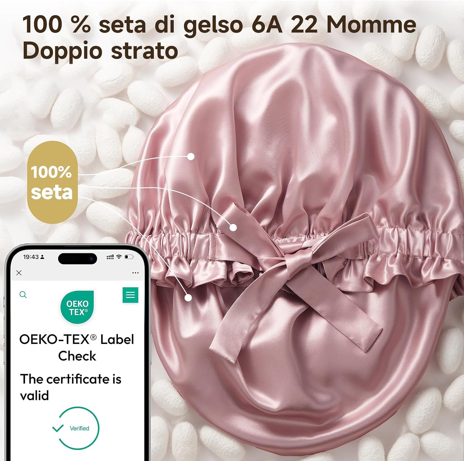 Detalle de Umisleep Cuffia in seta di gelso 22 Momme doppio strato (6A) con fascia regolabile per capelli ricci