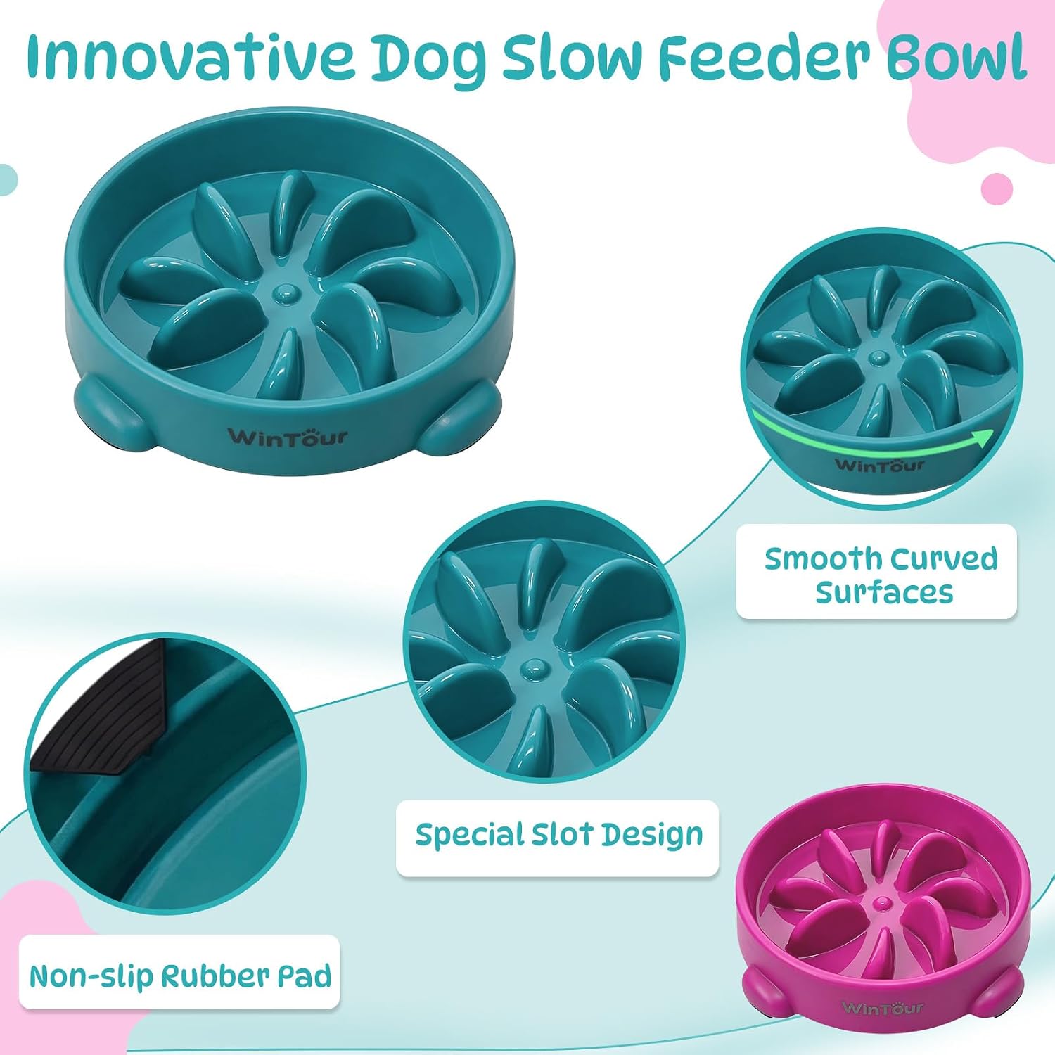 Thumbnail 5 de WinTour Dog Slow Feeder Bowl, 2-Pack Flower-Design PP Puzzle Feeders