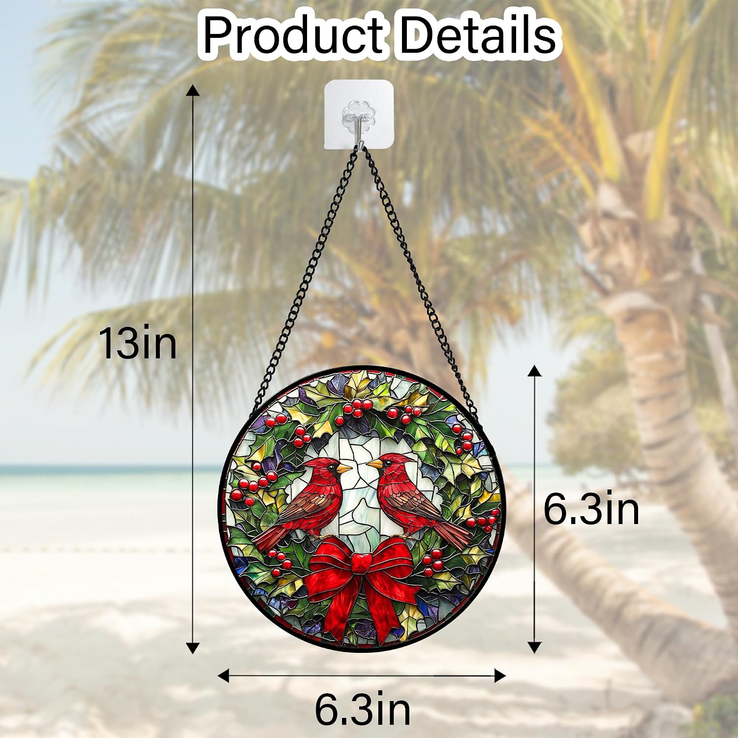 Detalle 1 de DASTOLL Cardinals Green Wreath Glass Suncatcher, 6.3-Inch Window Hanging