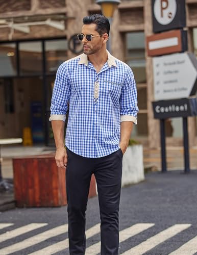 Detalle 2 de COOFANDY Trachtenhemd Herren Oktoberfest Kariertes Bayrisches Hemd Baumwolle Langarm, Regular Fit, 45-blau