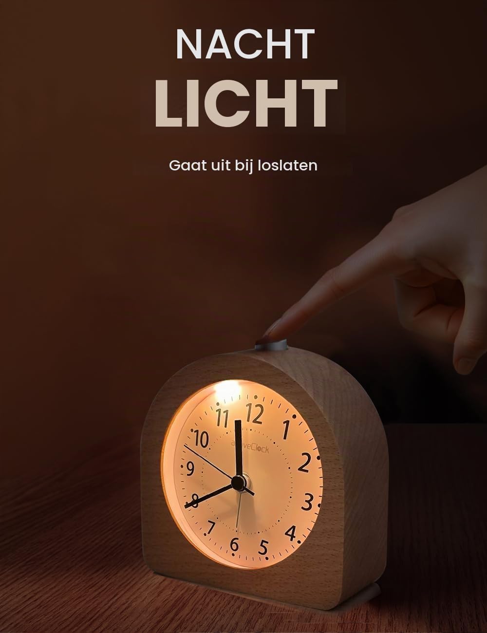 Detalle de aboveClock S01-A analoge houten wekker met sluimerfunctie en nachtlicht