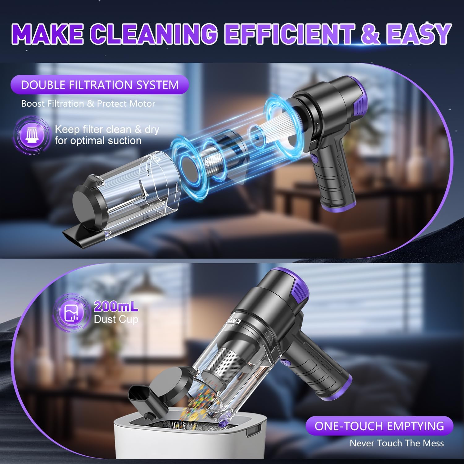 Thumbnail 4 de KMM Handheld Car Vacuum Cleaner: 16,000PA Cyclonic Suction, 5200mAh Cordless & LED Light