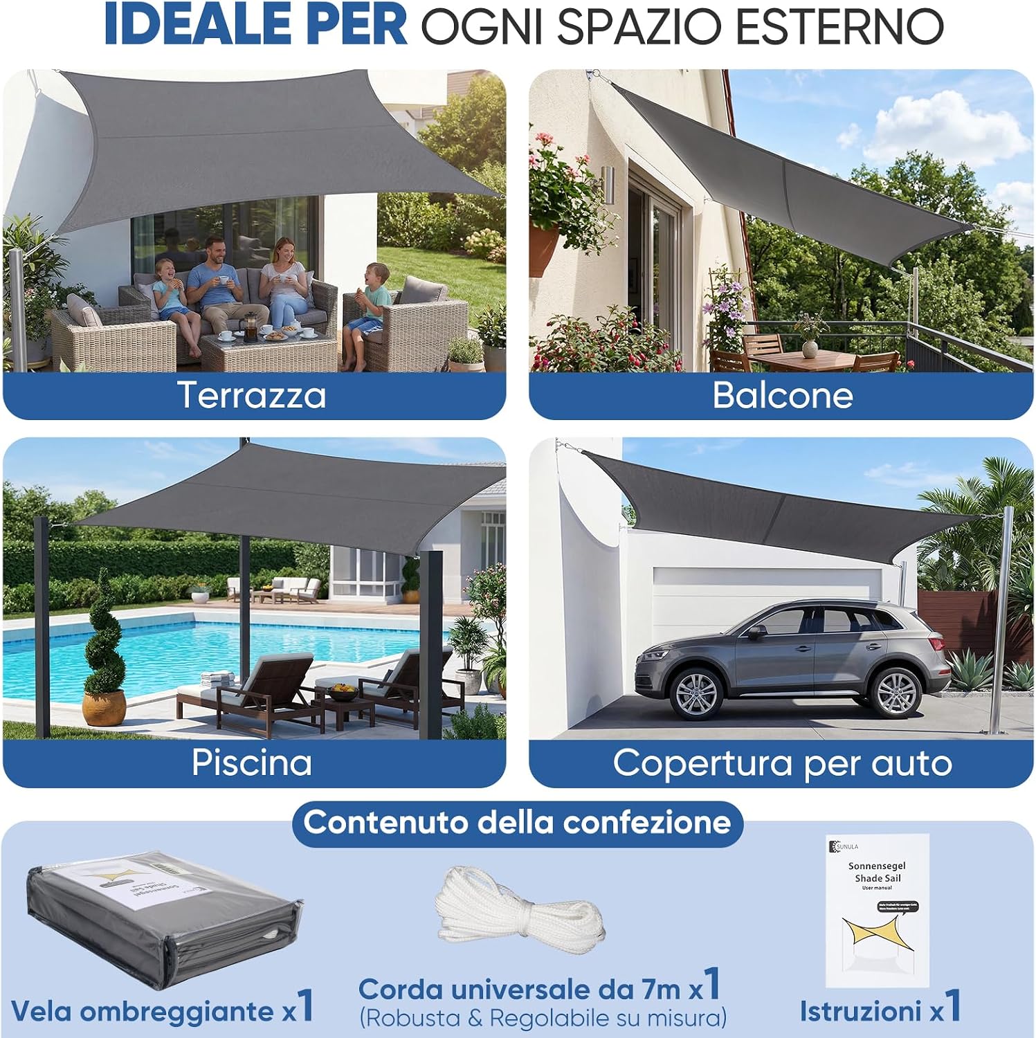 Detalle 2 de Sunula Vela Ombreggiante Impermeabile 3x4m – PES 160 g/m², Anelli in Acciaio Inox, Antracite