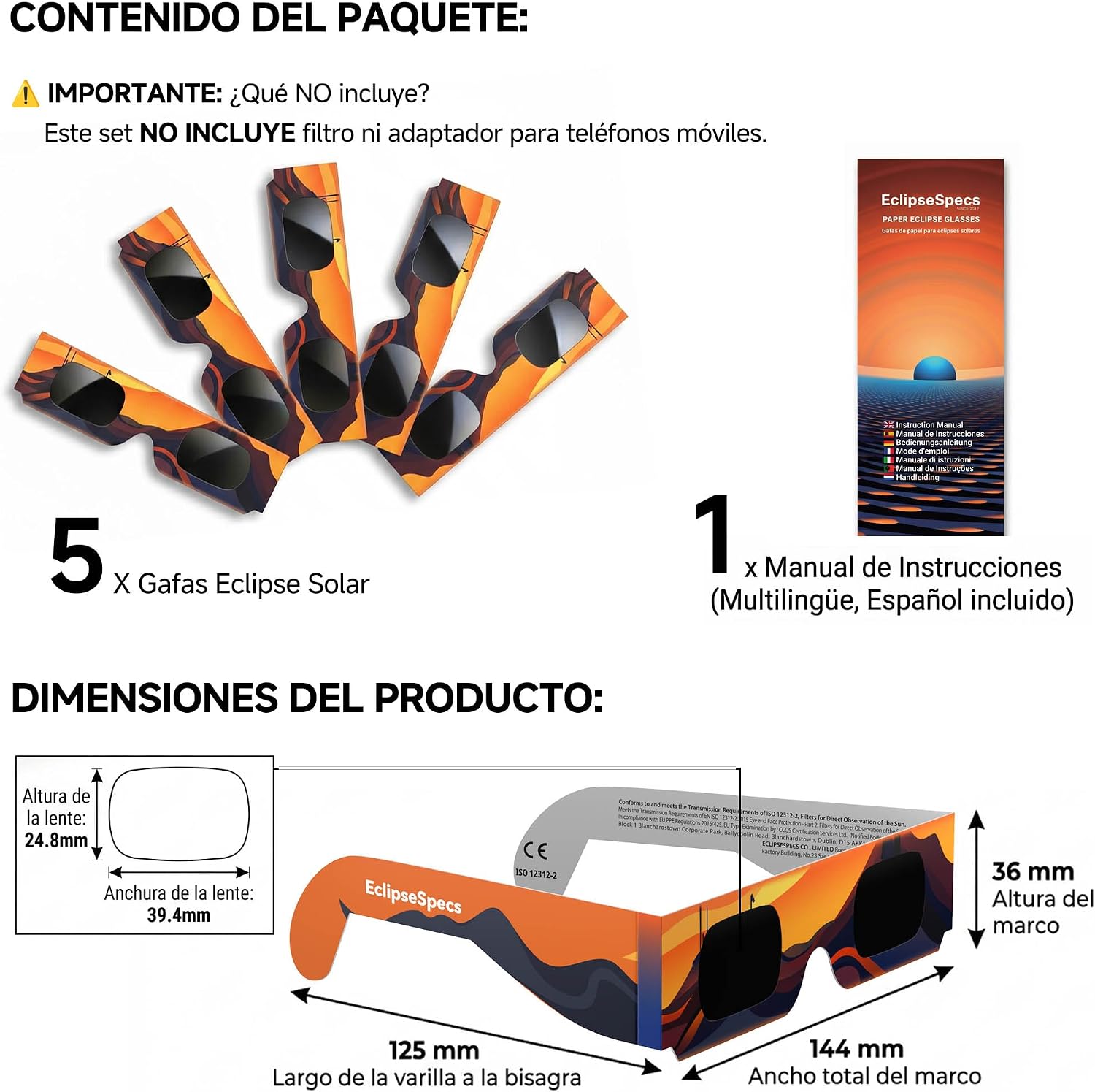 Detalle de Gafas Eclipse Specs: Pack de 3/5/10/25 gafas para observación solar con certificación ISO 12312-2 y CE
