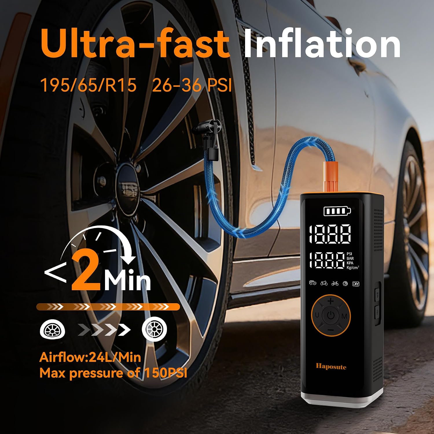 Thumbnail 1 de Haposute Tyre Inflator Portable Air Compressor 12V DC — 150 PSI, 6000mAh Battery, Dual LED Light