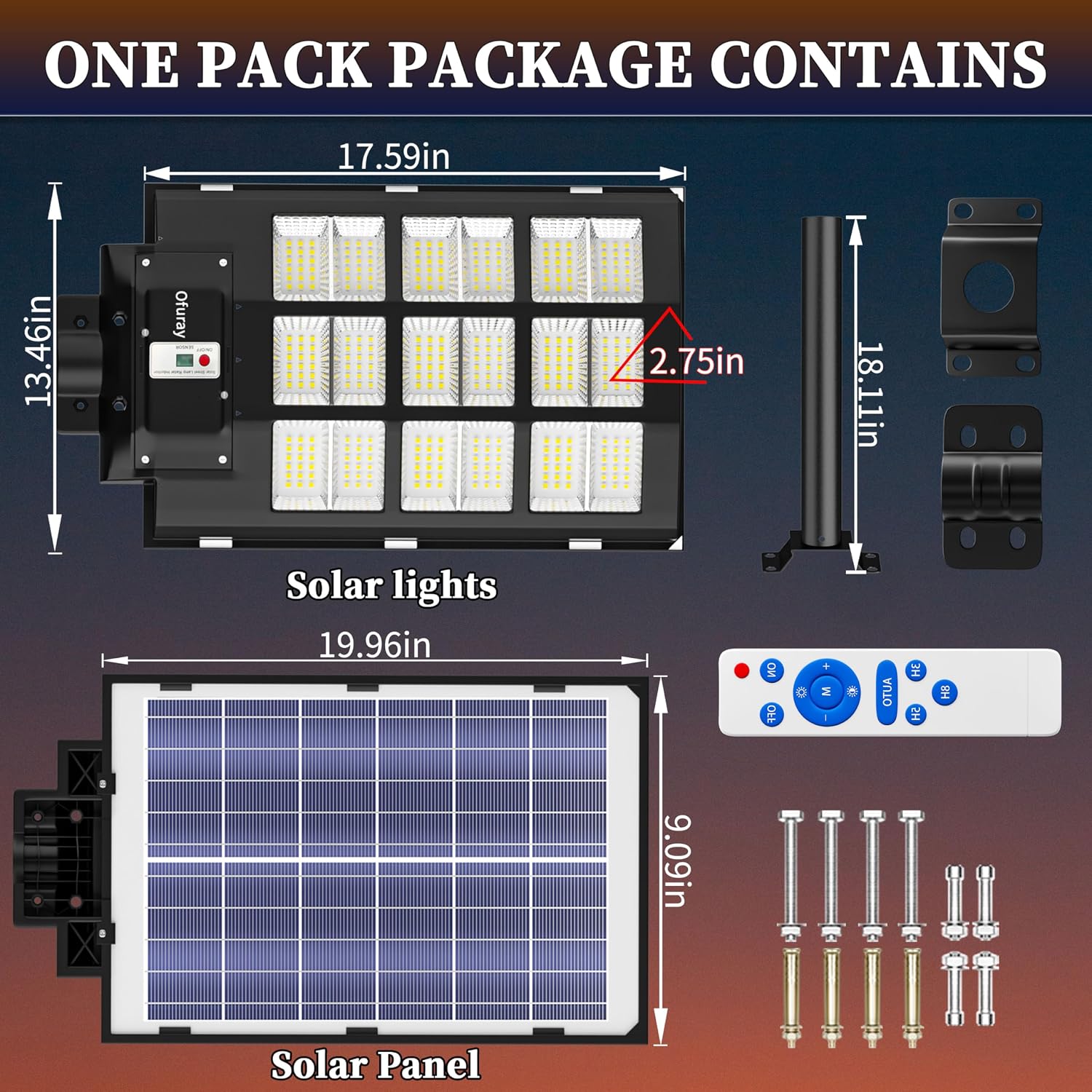 Detalle 2 de Lampione Solare LED Ofuray OF-3600W con sensore di movimento, pannello e telecomando