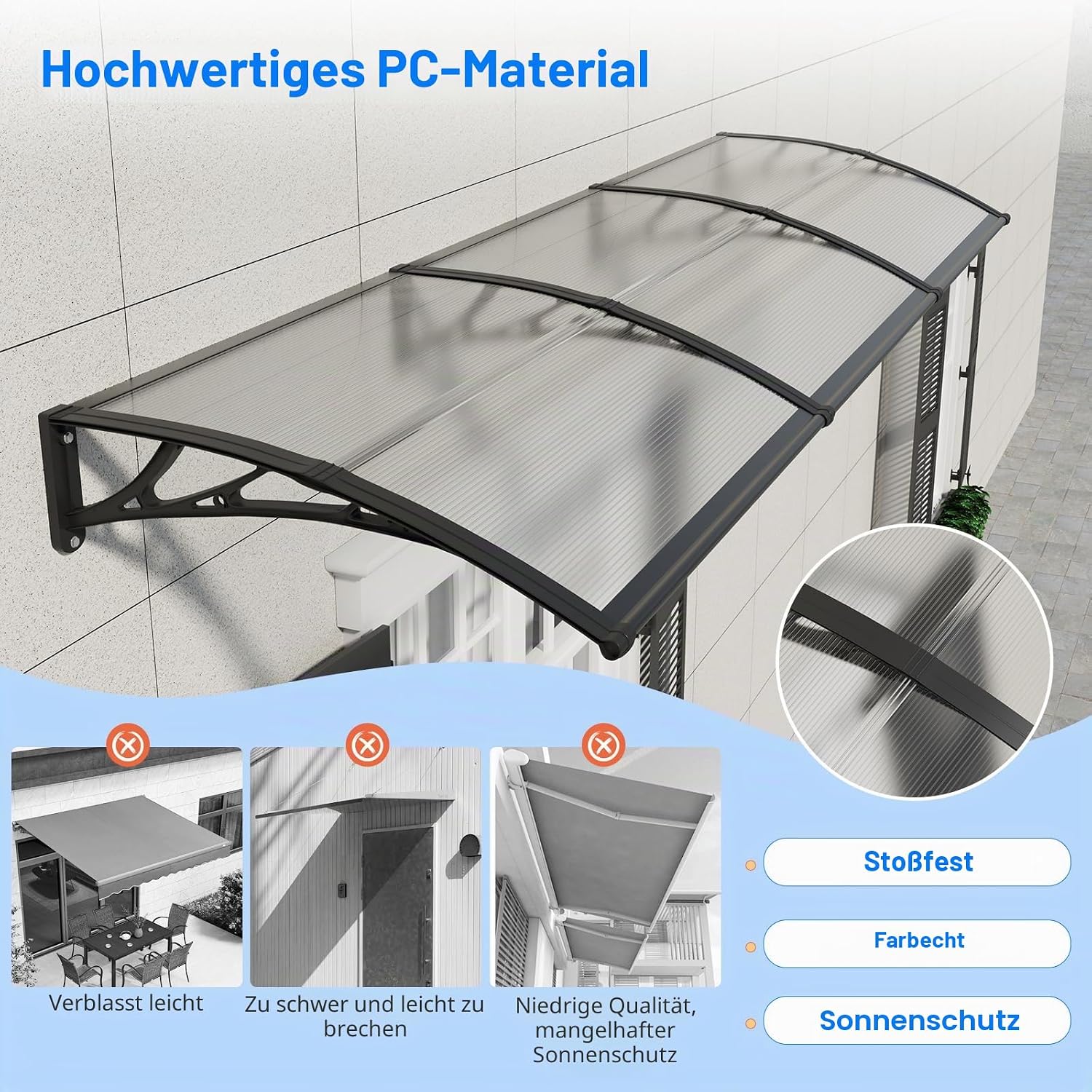 Detalle de Vordach für Haustür 120x100 cm aus Polycarbonat – robustes Pultvordach mit Wasserdichtem Dichtungssystem