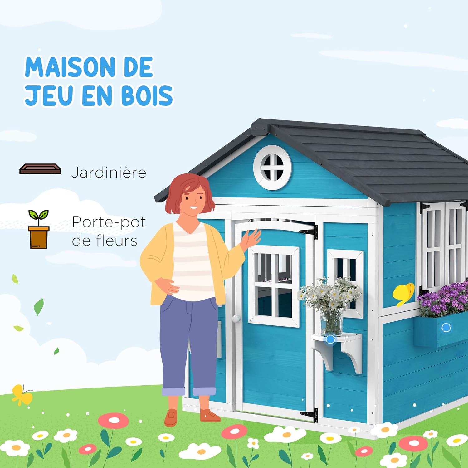 Thumbnail 2 de Outsunny Cabane Enfant extérieur Bleu – Maison de jeu avec porte, fenêtres et jardinières (114 × 126,4 × 135 cm)