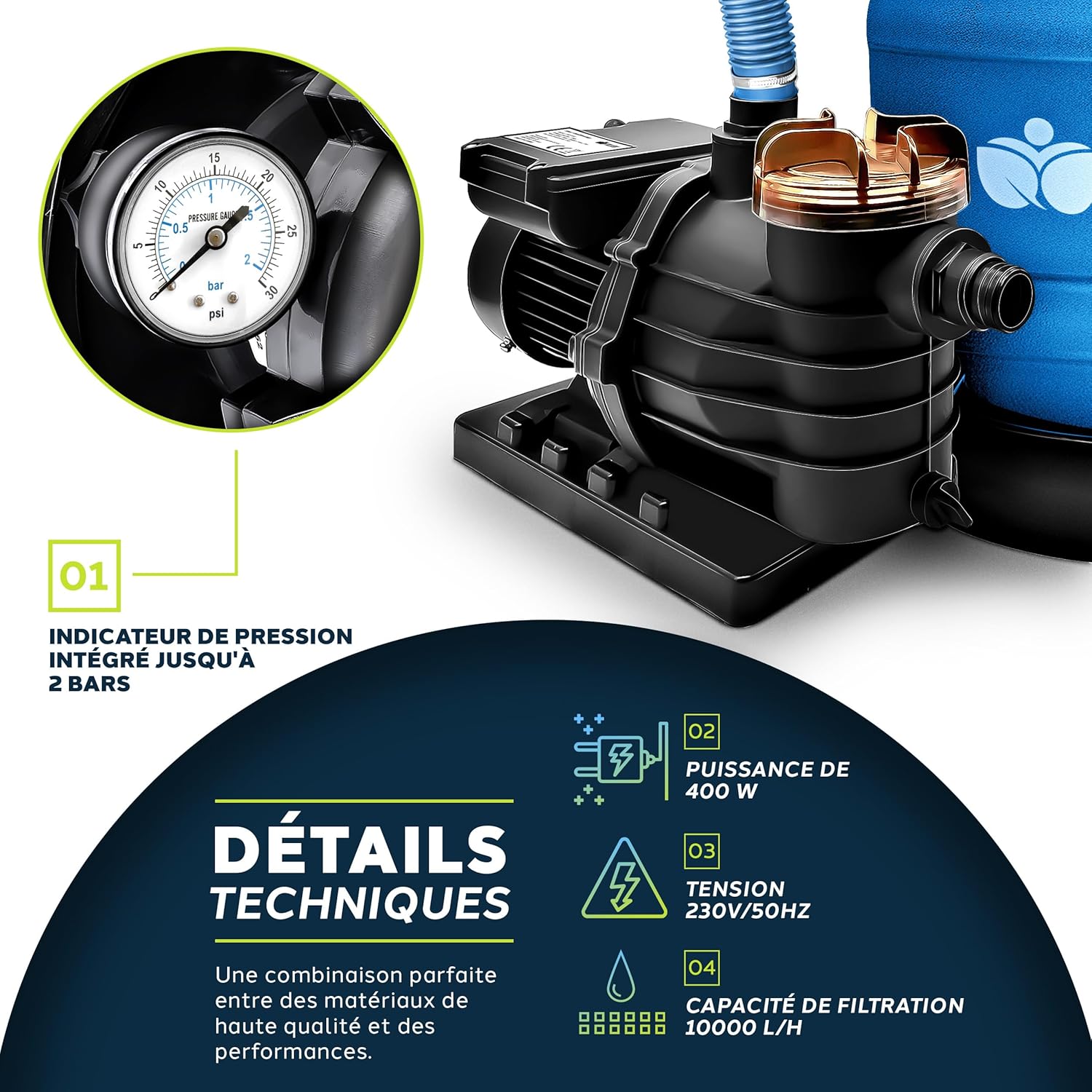 Thumbnail 4 de tillvex Système de Filtre à Sable 10 m³/h (7 voies) avec 800 g de boules filtrantes et manomètre