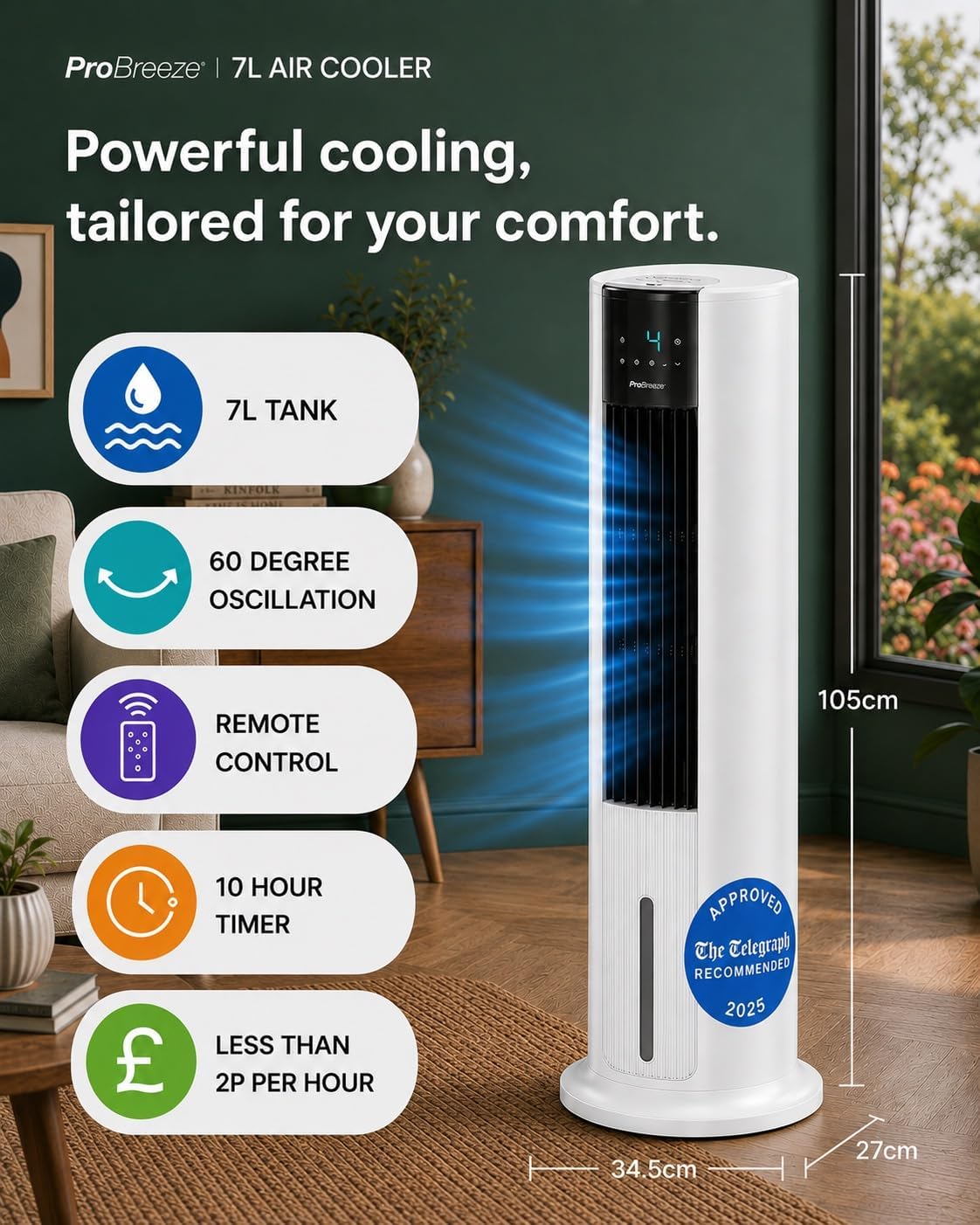 Detalle de Pro Breeze 7L 4in1 Evaporative Air Cooler & 42" Portable Tower Fan