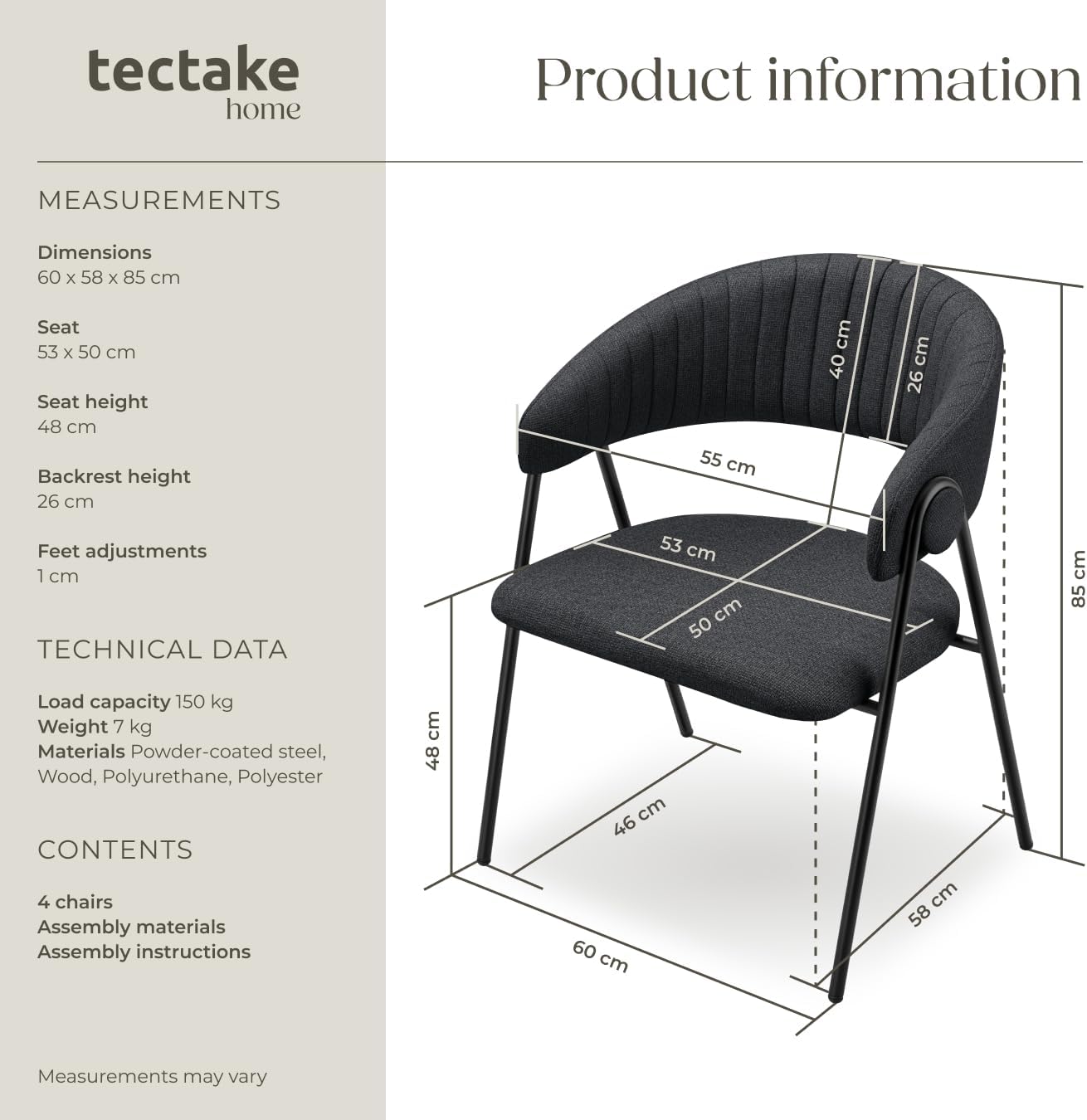 Detalle de tectake Bedano 405515 matstolar, 4-pack med quiltmönster och C-format ryggstöd