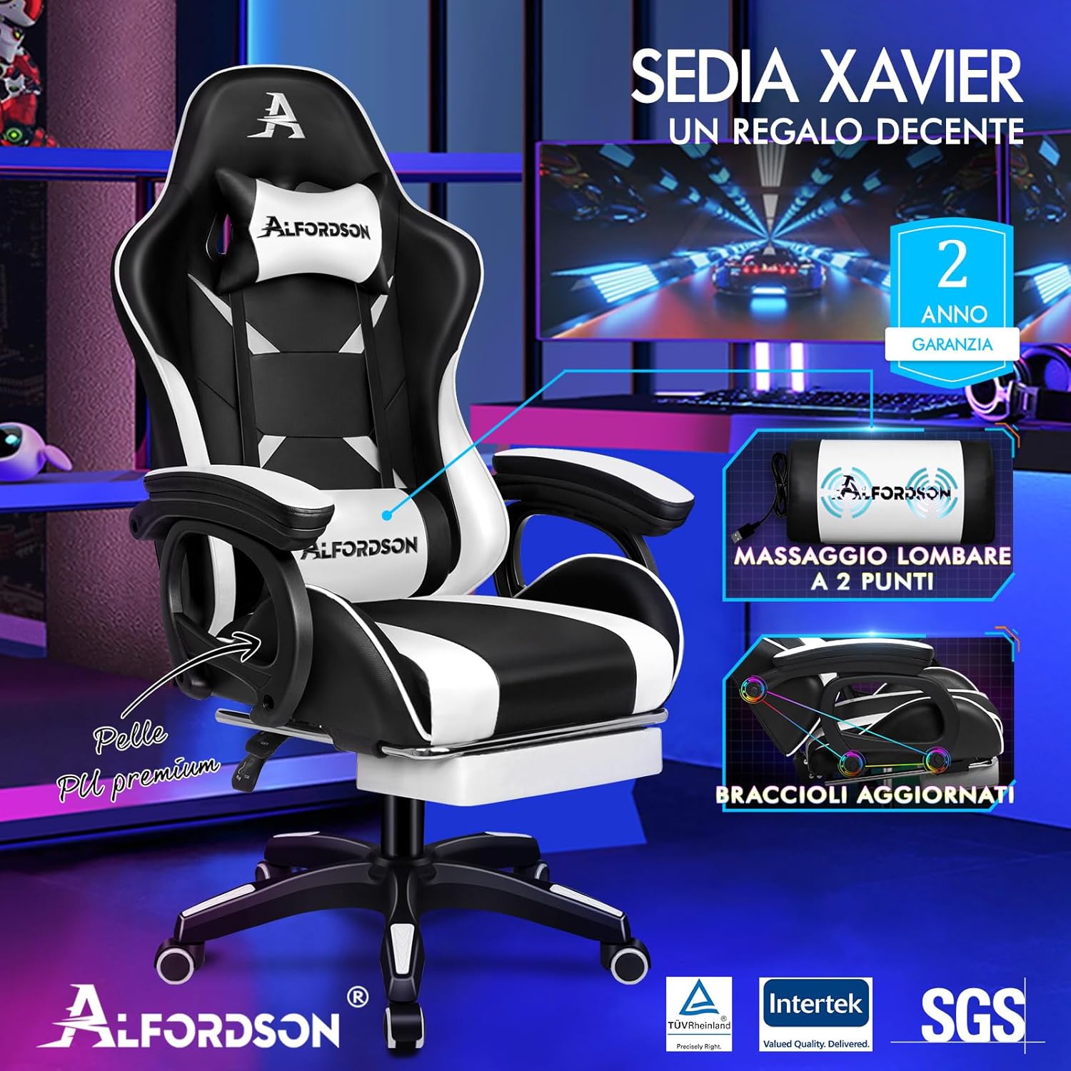 Thumbnail 6 de ALFORDSON Sedia da Gaming Massaggiante con Poggiapiedi Telescopico e Supporto Lombare – Ergonomica, Bianca