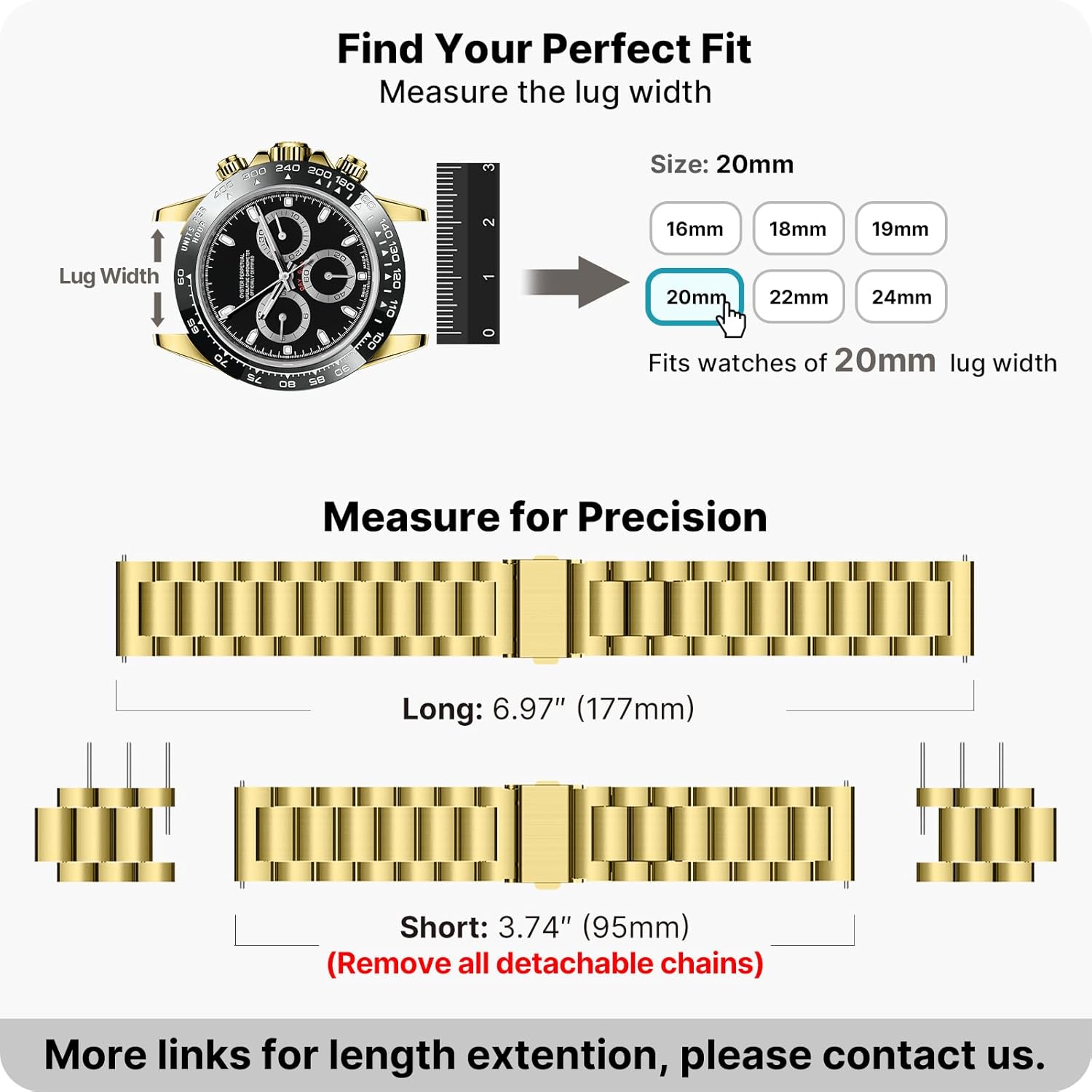 Thumbnail 4 de Fullmosa 20mm Stainless Steel Watch Band – Golden, Quick Release with Removable Links