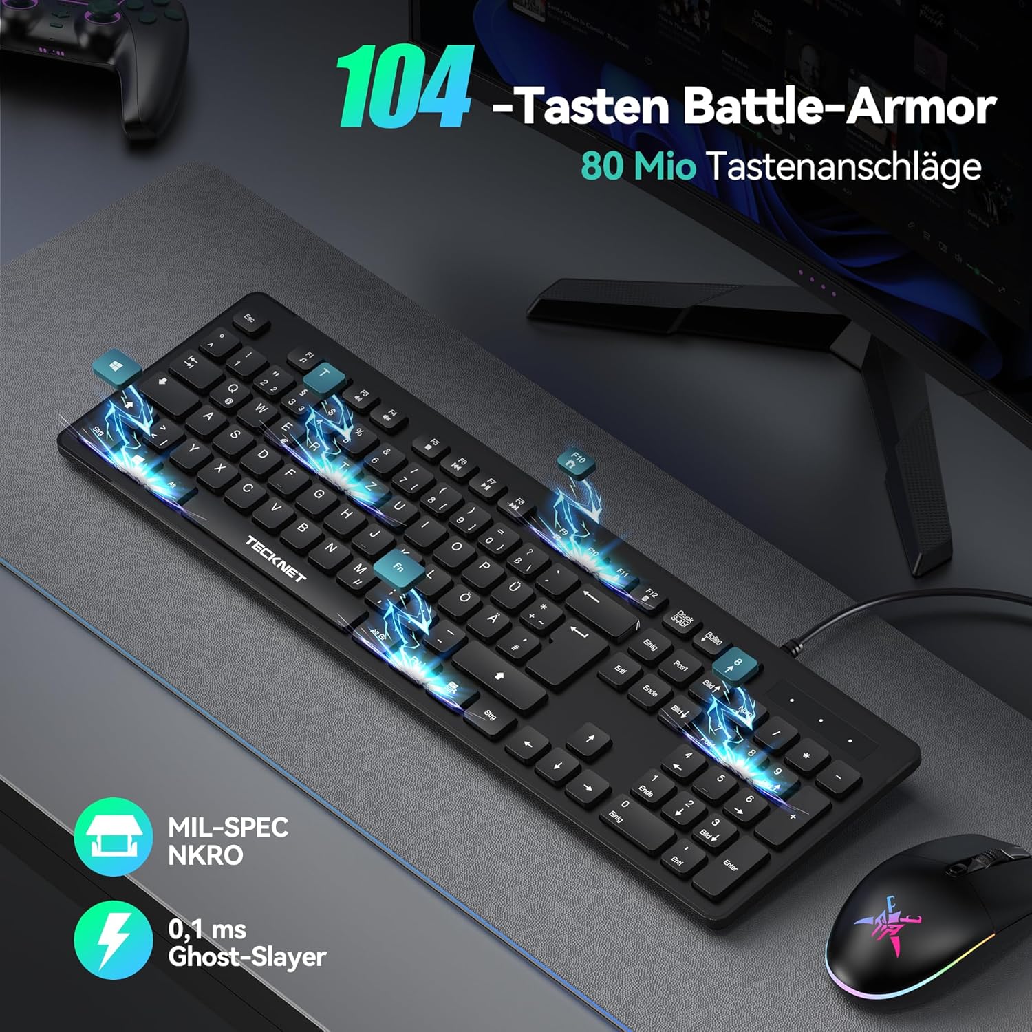 Thumbnail 1 de TECKNET kabelgebundene USB-Tastatur (Vollgröße) mit Nummernblock, QWERTZ, spritzwassergeschützt – leise Tasten