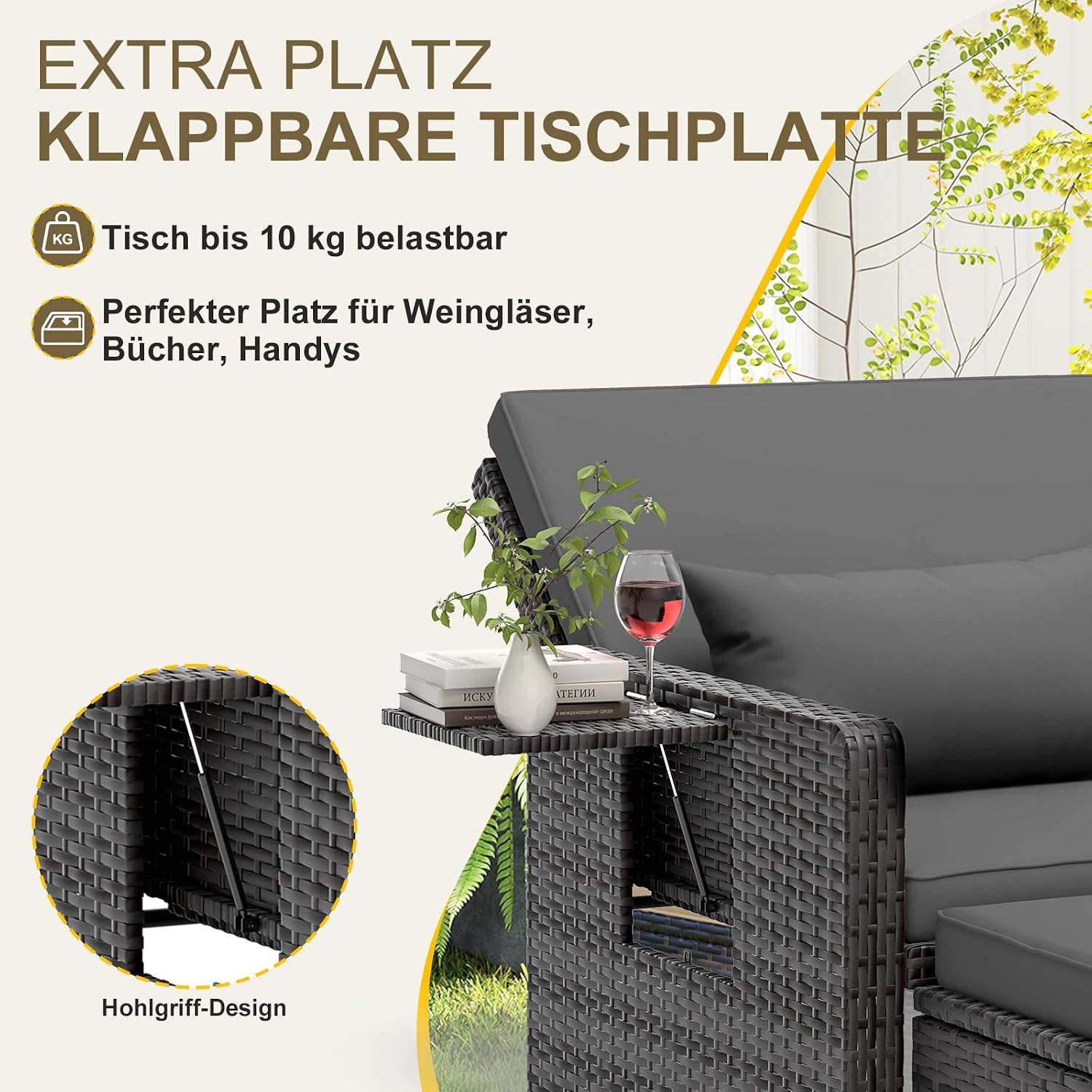 Thumbnail 5 de UDPATIO Rattan Lounge Möbel Outdoor – Verstellbares 2-Sitzer Gartensofa mit Stauraum, Hocker und verstellbarer Rückenlehne
