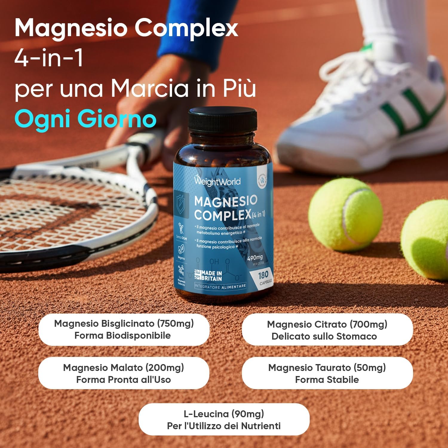 Detalle de Magnesio Completo Vegano 490 mg (180 Capsule) | WeightWorld – Bisglicinato e Citrato, 4 in 1
