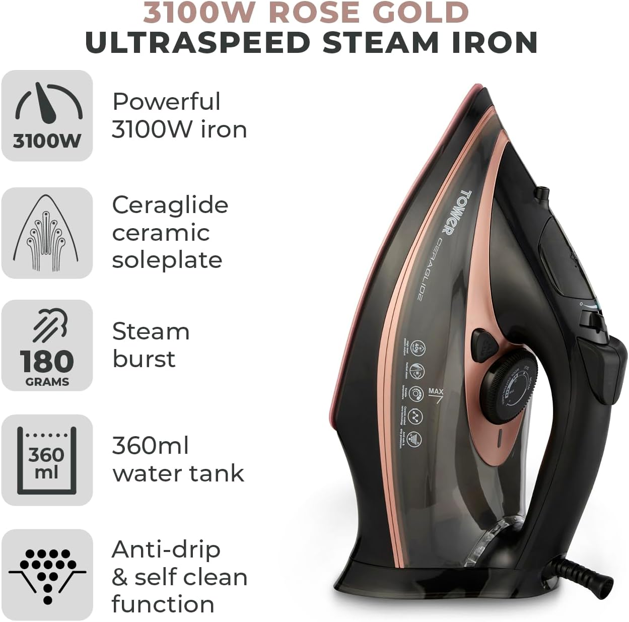 Thumbnail 1 de Tower Ceraglide Ultra Speed Iron (T22013) with Ceramic Soleplate, 3100W & Steam Boost