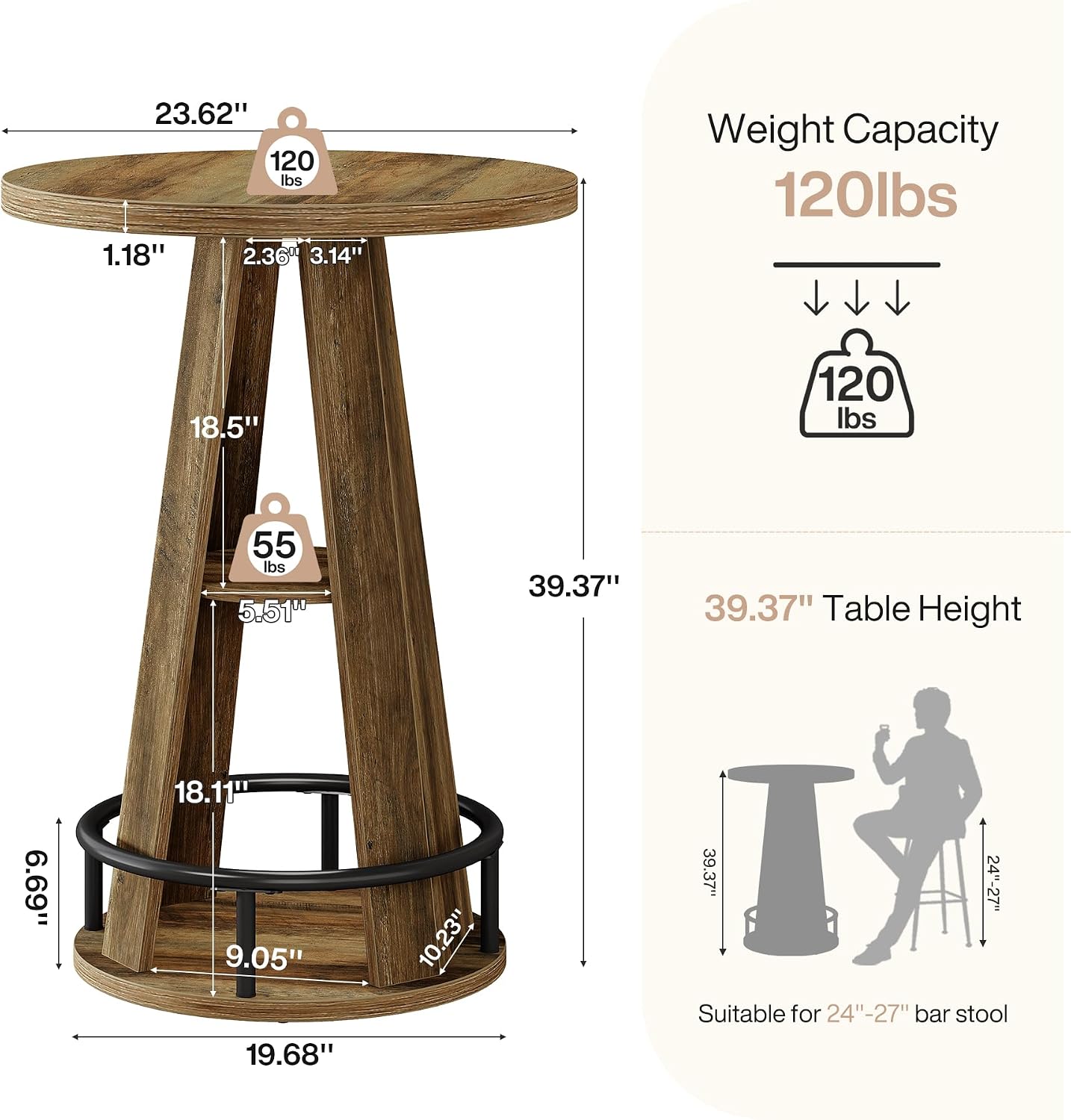 Detalle 2 de Tribesigns Round Bar Table, 3-tier storage