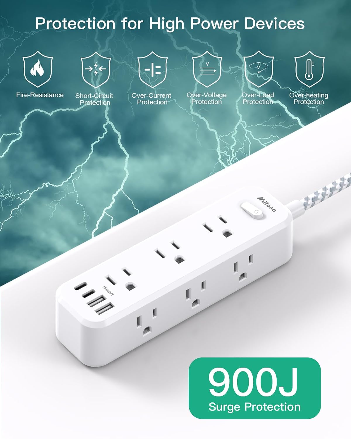 Detalle 2 de Mifaso MFS9W3UC Power Strip with 15-Foot Cord, 9 AC Outlets and 900J Surge Protection
