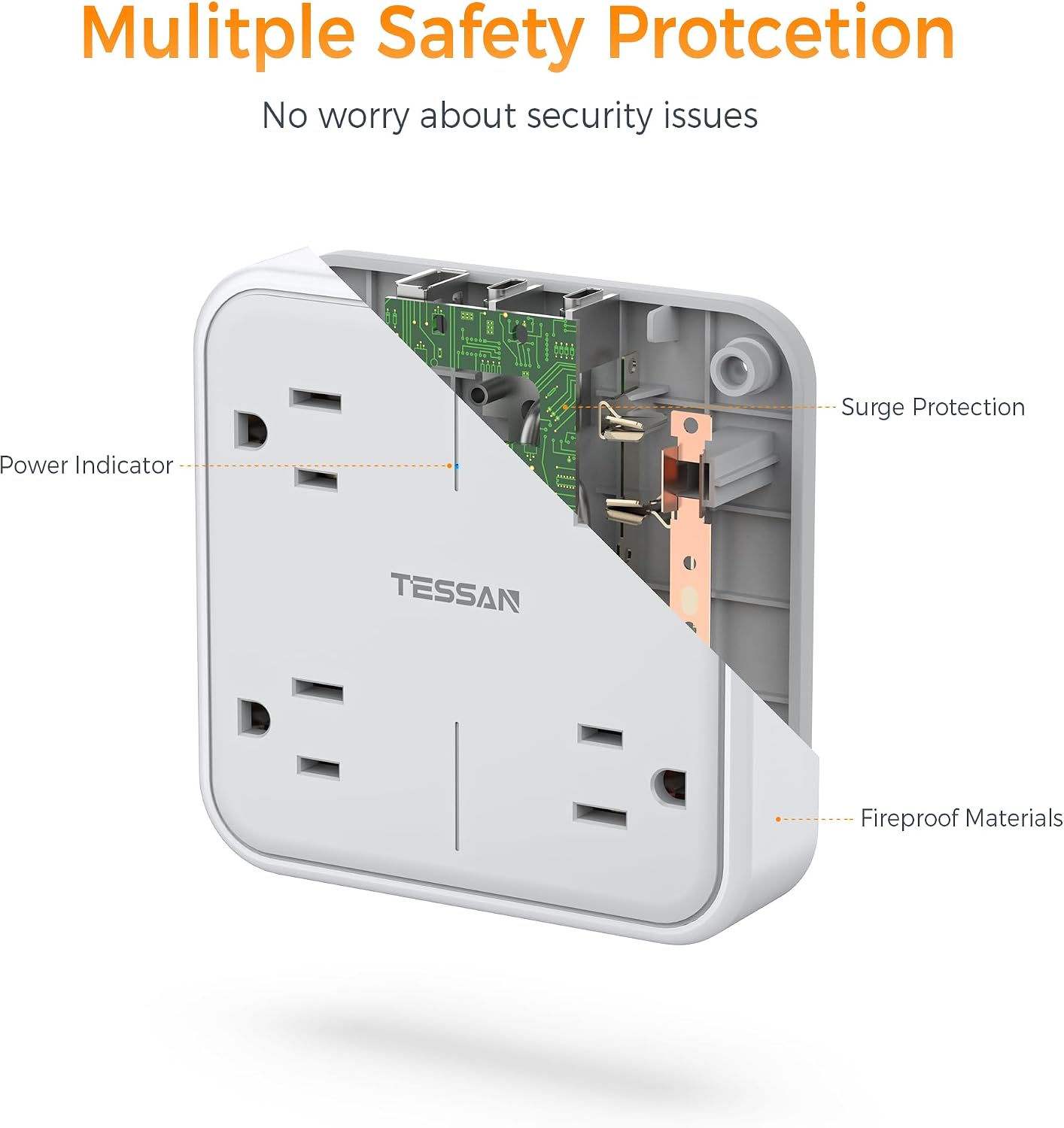 Detalle 2 de TESSAN TS-WM102-2C Wall Outlet Extender, 4 AC Outlets, 2 USB-C