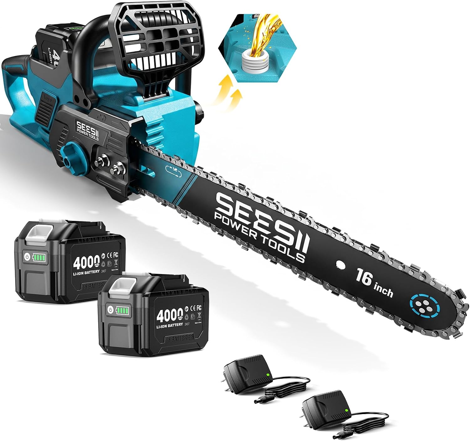 Detalle de SEESII M16 Ace 40V Cordless Chainsaw, 16-Inch Bar, Brushless Motor