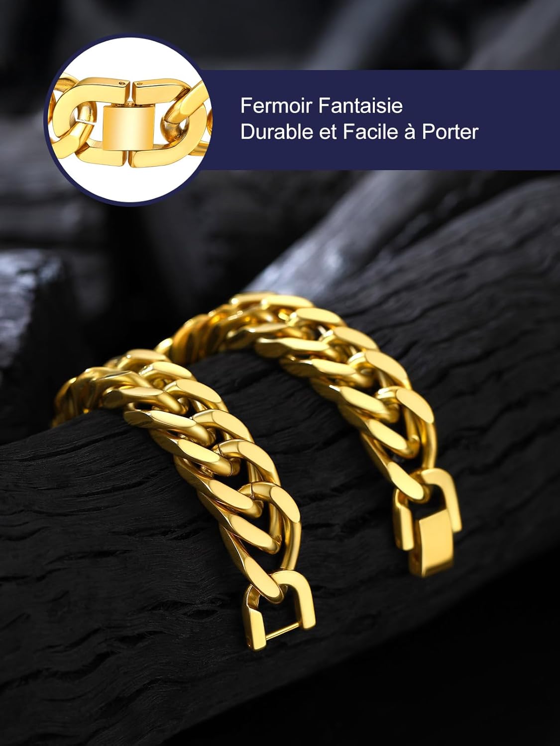 Thumbnail 4 de Bandmax Bracelet Cubain Homme acier inoxydable 316L plaqué or jaune – longueur 21 cm, style hip hop