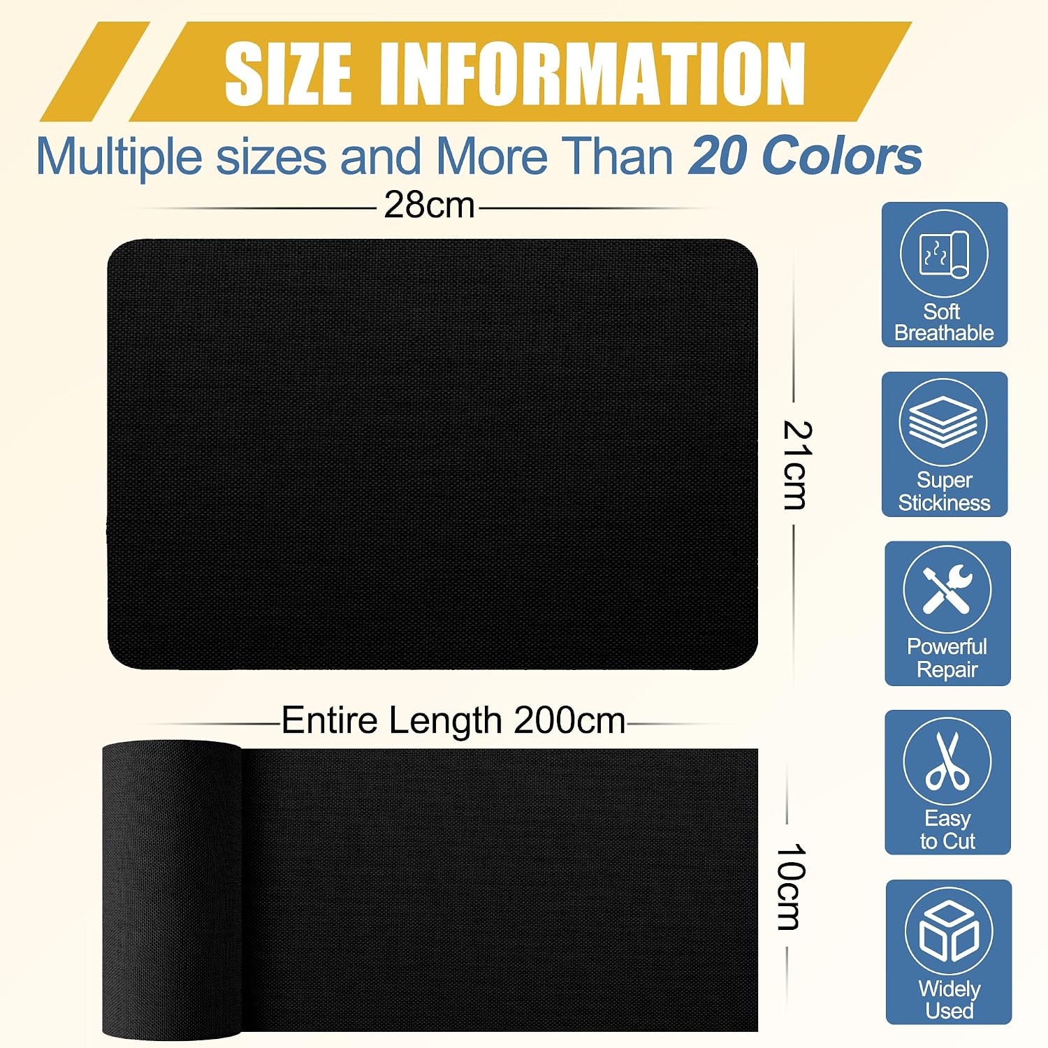 Detalle de Sgooyir Tissu Autocollant de Réparation Noir (10 x 200 cm) – patch autocollant pour lin et tissus