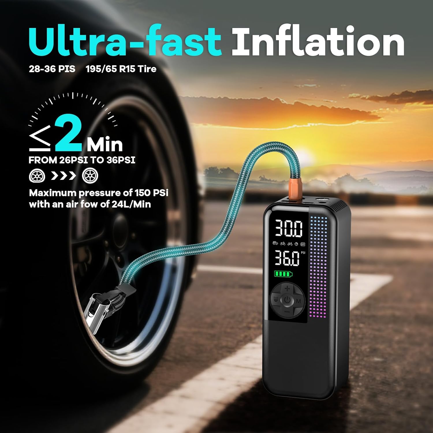 Detalle de Portable Tire Inflator 150 PSI, 6000mAh Cordless ⛽