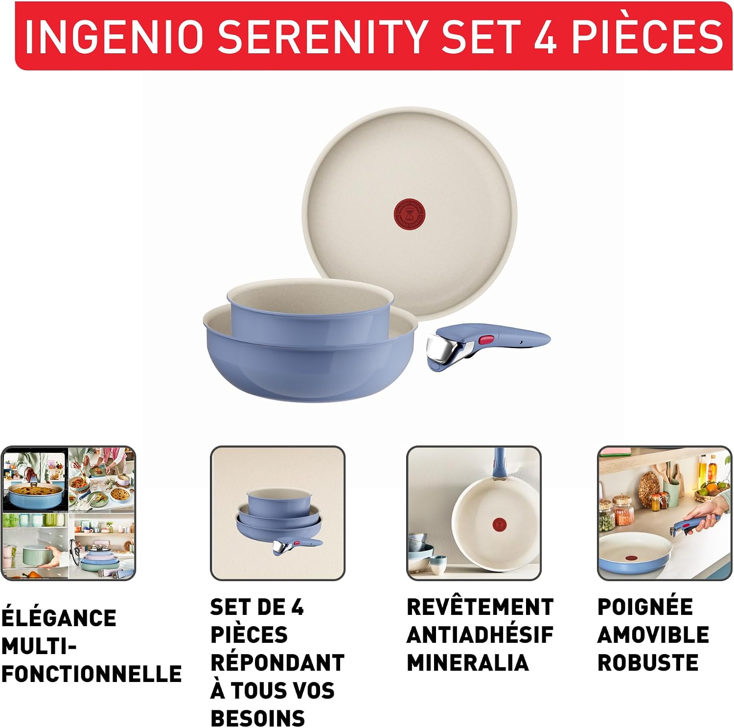 Detalle de Tefal Ingenio Serenity L8294S04 pannenset met antiaanbaklaag, blauw