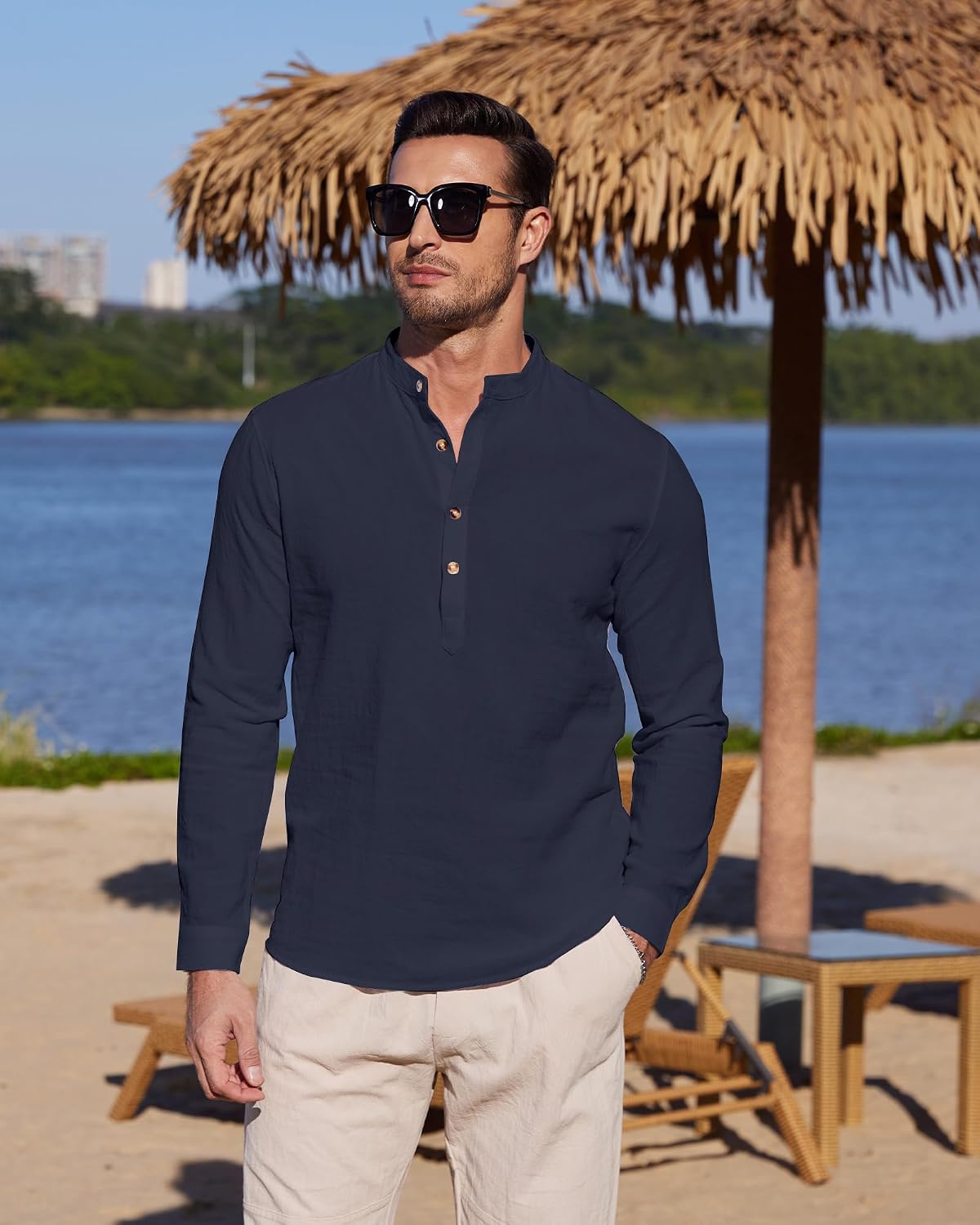 Thumbnail 1 de YAOBAOLE chemise lin coton homme à manches longues Henley – style décontracté pour l’été