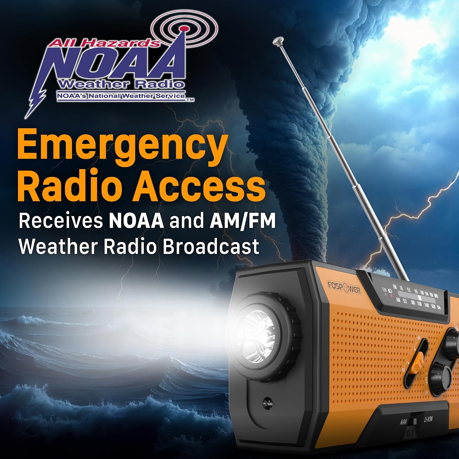 Detalle de FosPower NOAA Emergency Weather Radio A1: 7400mWh Portable Power Bank with AM/FM, Solar, Hand Crank, SOS Alarm and Flashlight (Orange)