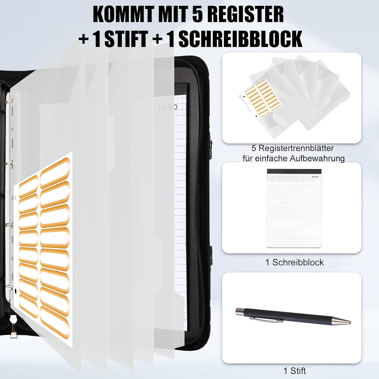 Detalle 2 de Leathario A4-Schreibmappe mit 4-Ringbuch, 5 Registern und Reißverschluss (DIN A4)